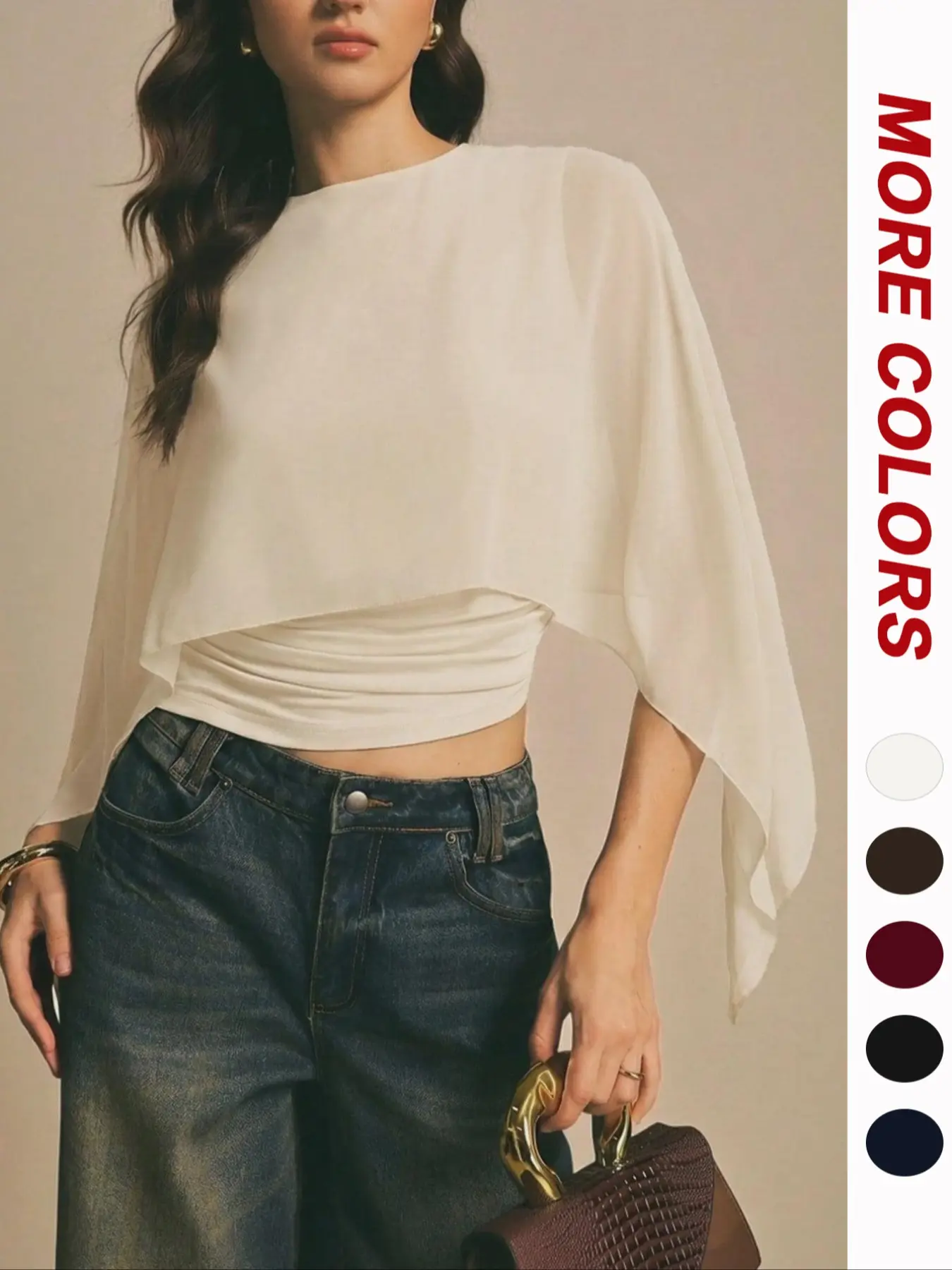 Arm-Concealing Figure-Flattering Women's Cape Sleeve Crew Neck Loose Asymmetrical Top Elegant Casual Poncho T-Shirt for Work Date Layering Daily Going Out Wear