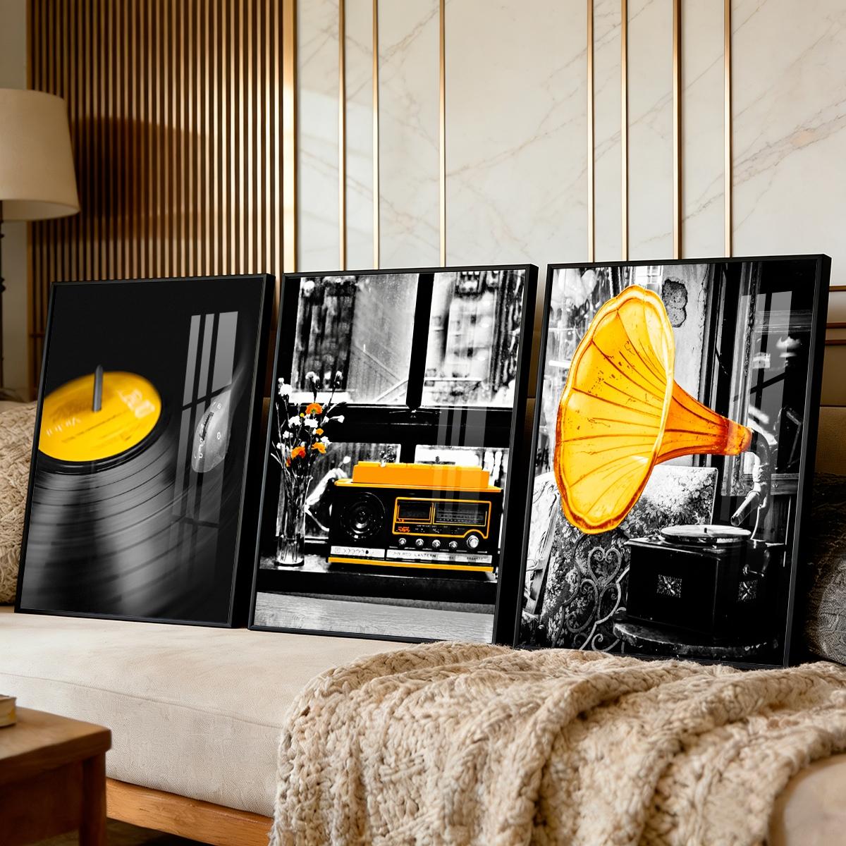 3 Counts Aluminum Alloy Framed Painting, Retro Vinyl Record Radio And Gramophone Pictures, Home Decoration For Living Room, Bedroom, Office, Restaurant, Hallway Wall Decor, Odorless Print Artwork, Luxury Perfect Gift For Friends And Family