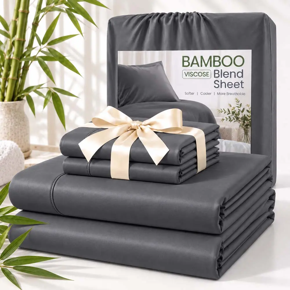 OS OMYSTYLE 3/4Pcs Bamboo Cotton Fiber Sheet Set, 2200 Thread Count Silver Ion Infused Cooling Sheets for Hot Sleepers, Soft & Breathable, 16-18 Inch Deep Pocket, Hotel Hospital School Dorm Bedding, Local Warehouse Kids Bed Sheets