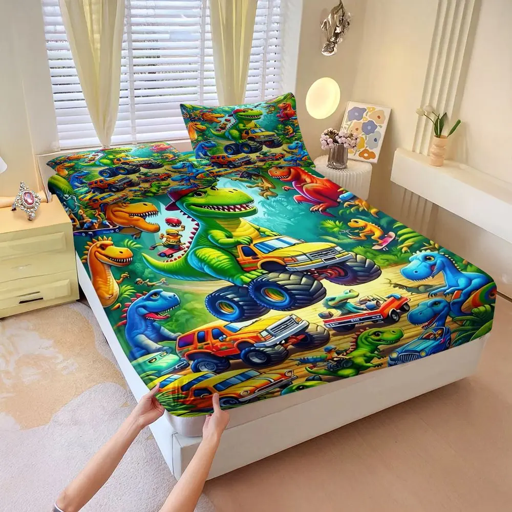 3pcs Dinosaur Monster Truck Print Fitted Sheet Set (Includes 1 Fitted Sheet and 2 Pillowcases; No Pillow Core). Vibrant Digital Print Bed Sheet Set for Kids' Bedroom Decor. Soft, Breathable, All-Season Bedding Set for Boys' Room.