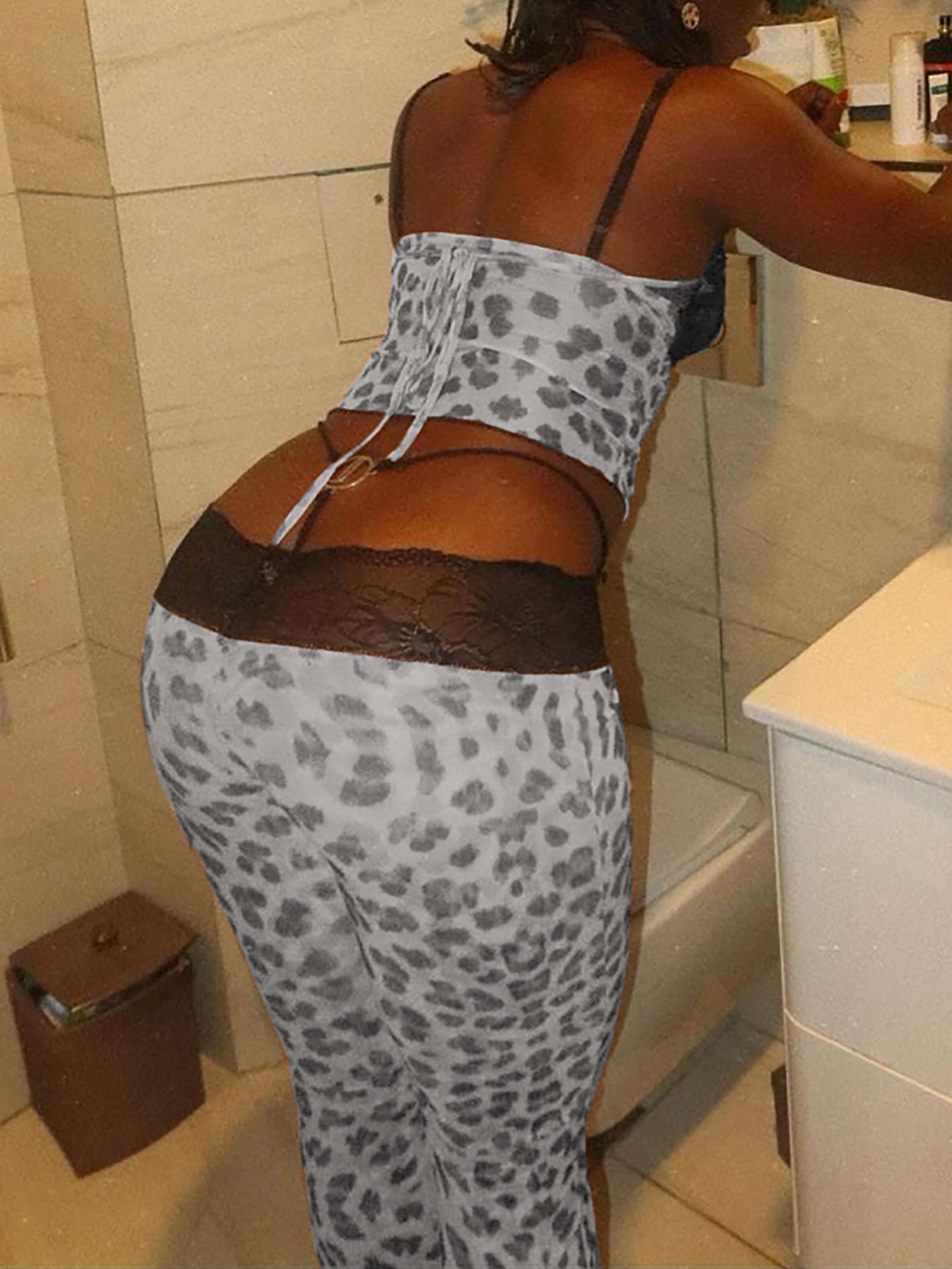 Women's Leopard Print Patchwork Lace Sexy Two-piece Set, Fashion Comfy Cami Top & Flare Leg Pants Set for Daily Outdoor Wear, Women Clothing for Summer