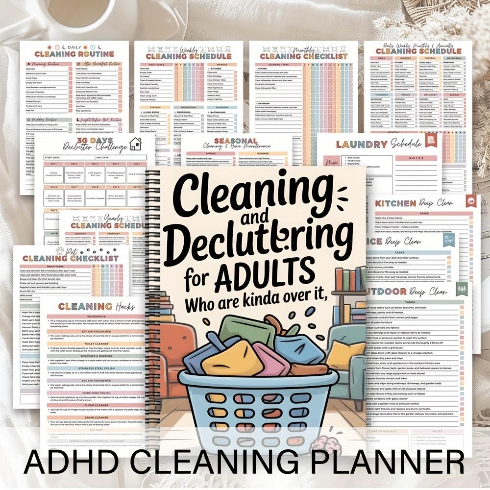 Aesthetic Adhd Cleaning Plan Spiral Notebook, Daily Weekly Monthly Yearly Chore Log, Home Organization System, Minimalist Task Manager, Planners