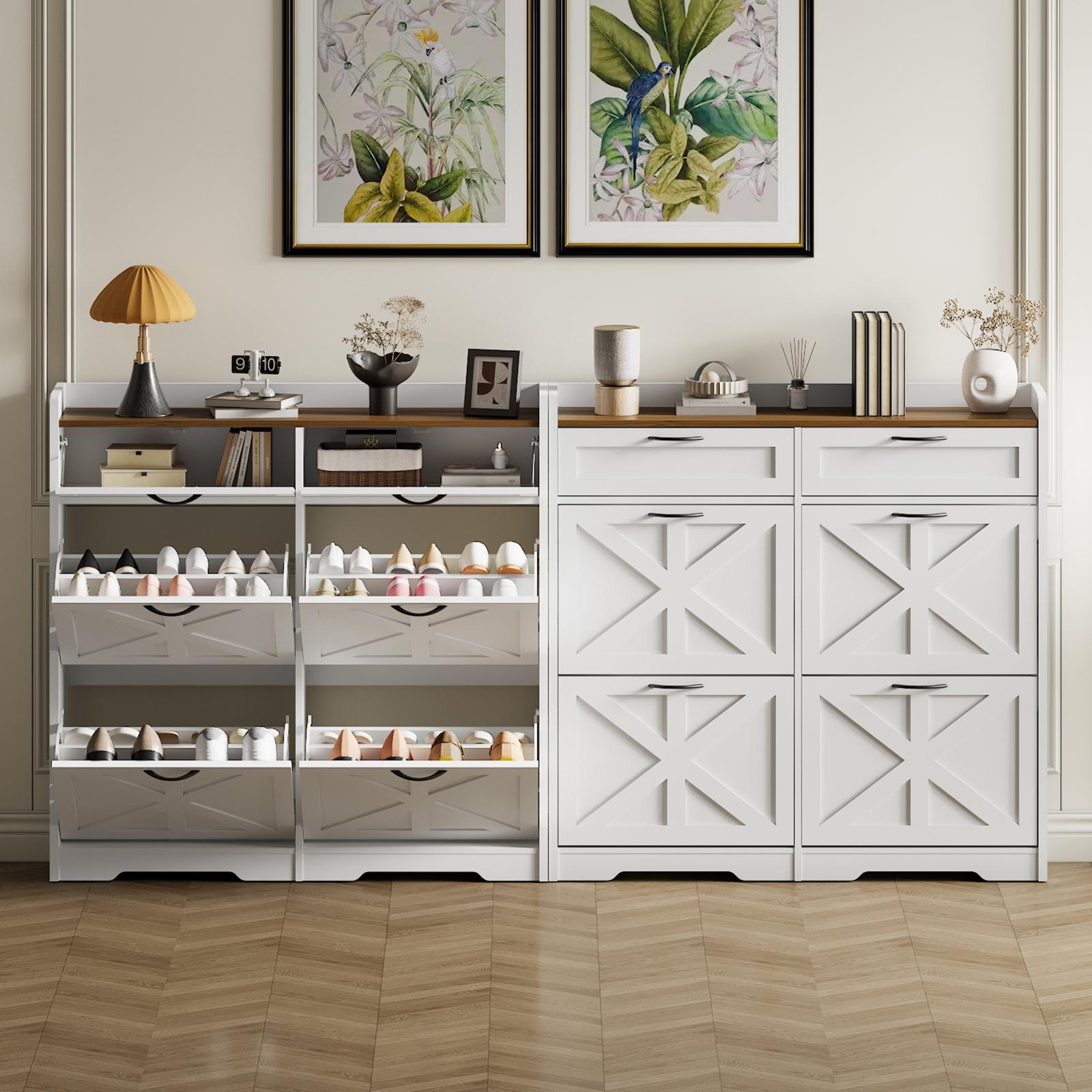 HOOBRO Farmhouse Shoe Storage with Flip-Down Drawers, Entryway Shoe Cabinet with Hidden Compartments and Fenced Top, Adjustable Shelves and Metal Handles, Holds 20 Pairs, for Hallway, Entrance, White and Walnut