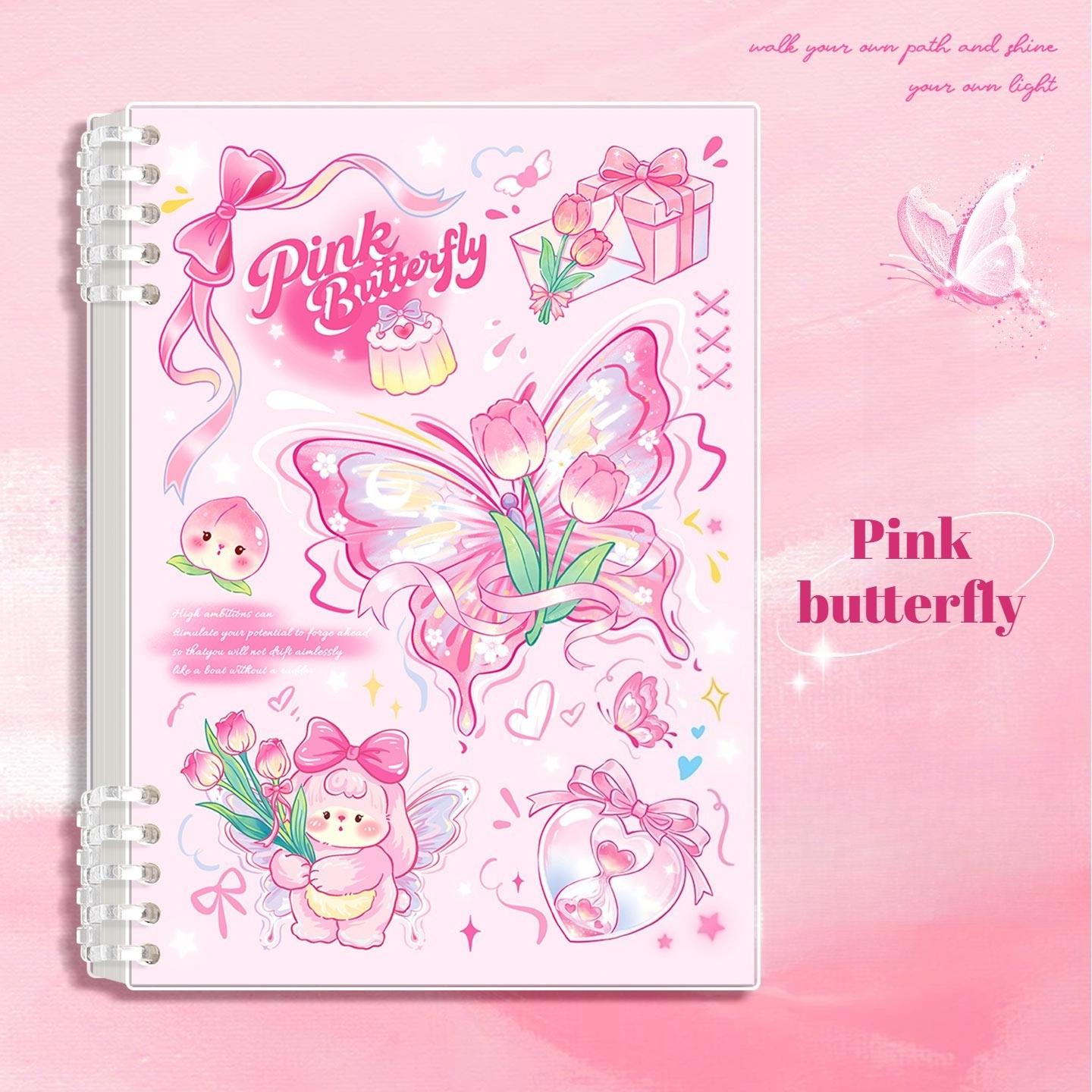 A loose-leaf notebook, Loose leaf notepad, with a beautiful butterfly design, featuring cute pink, blue butterfly covers, thick pages to prevent inkpage, suitable for detailed notes, schoolwork, and personal diaries, Spiral Notebook