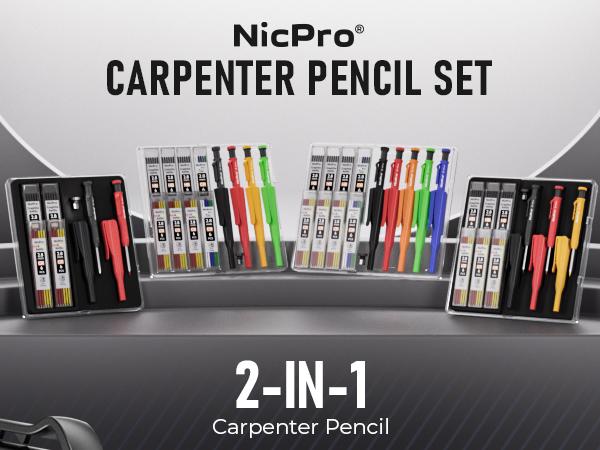 Nicpro 4 Pack Carpenter Pencil with Sharpener & Sleeve, Mechanical Carpenter Pencils Set with 52 Refill, Deep Hole Marker Woodworking Pencils, Heavy Duty Construction Pencils for Architect-with Case