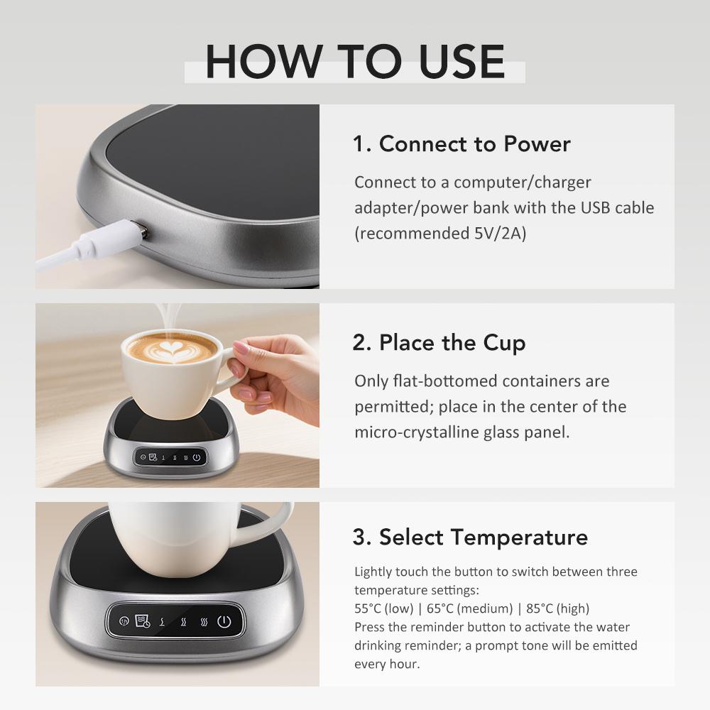 Thermal Heating Cup Mat with 3 Temperature Settings, USB Plug-In Heating Coaster Touchscreen Interface Voice Prompt, Ideal for Autumn Winter Coffee Milk Warmer