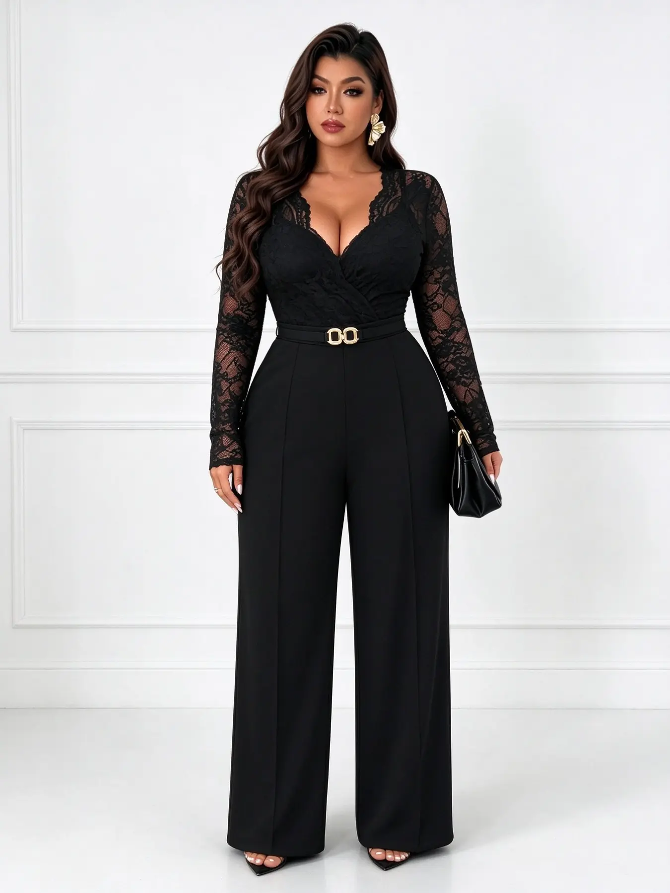 Women's Plus Size Fashion Jumpsuit, V Neck Lace Patchwork Plain Long Pants, Casual High Waist Short Sleeve, Jmnl20260723