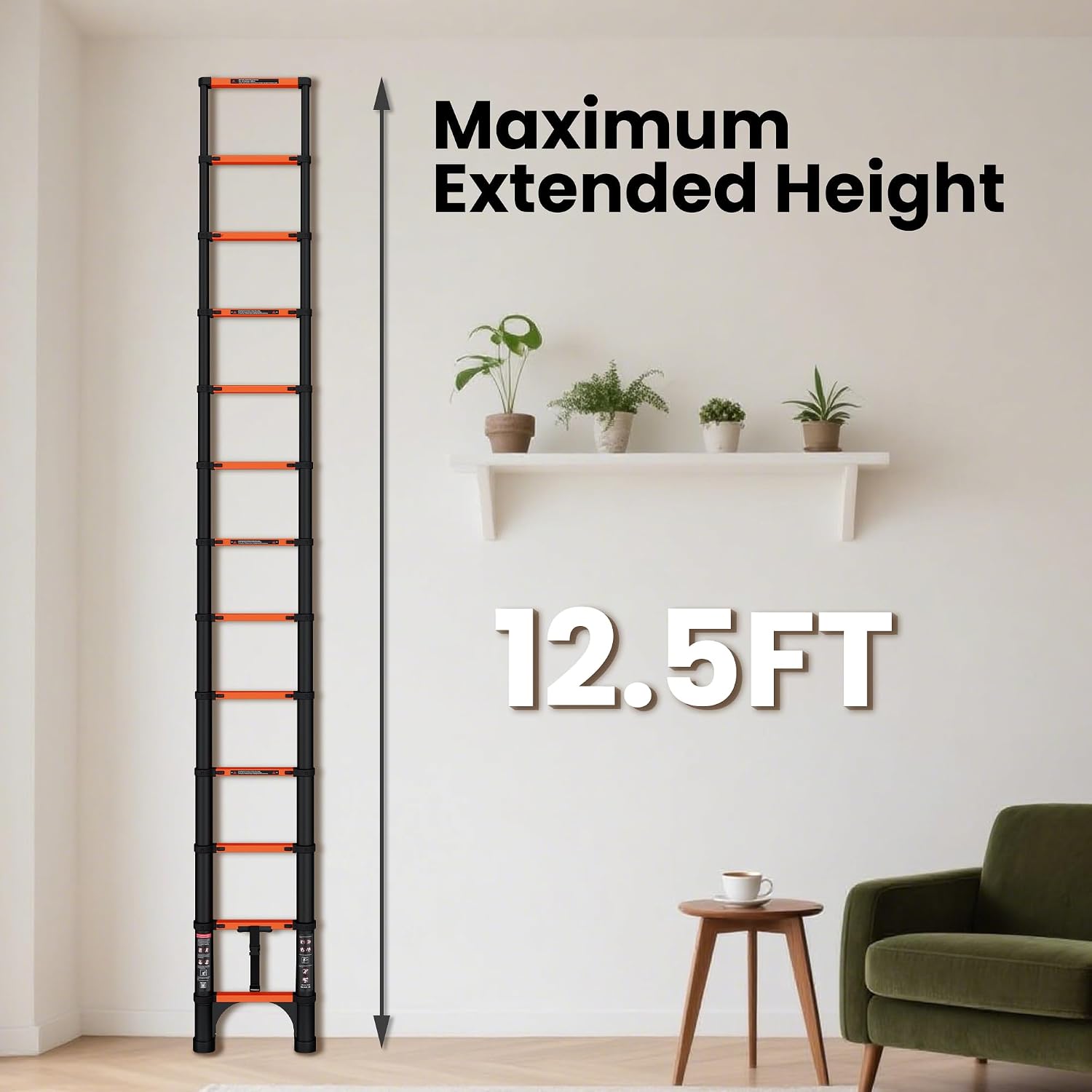 Telescoping Ladder, 12.5 FT, 330 lbs Capacity; Orange | ANSI Certified, Straight Extension Ladder; Collapsible Multi-Purpose for , Roof and RV Telescoping Ladder, 12.5 FT, 330 lbs Capacity; Orange | ANSI Certified, Straight Extension Ladder; Collapsible Multi-Purpose for , Roof and RV