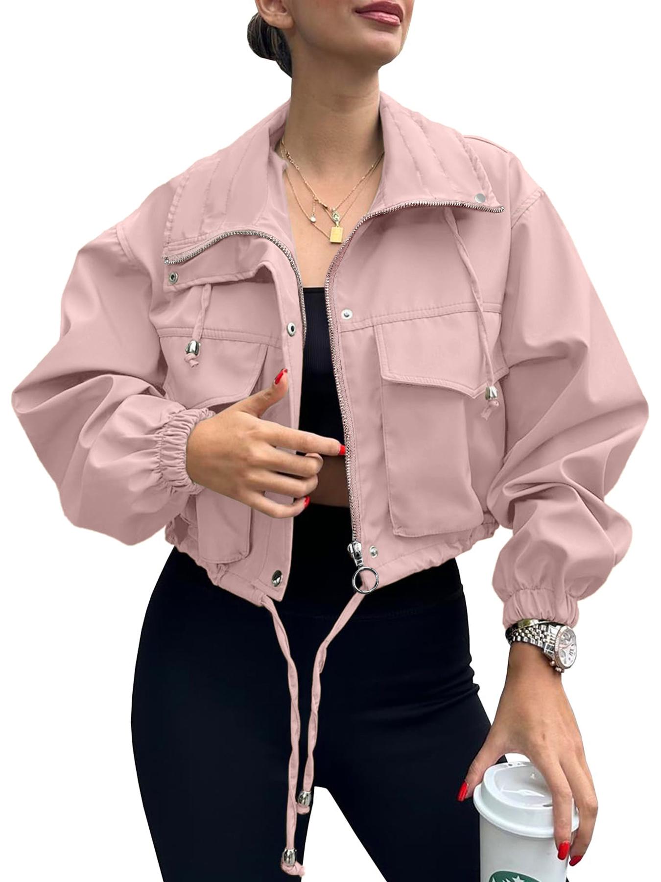 ASWULK Women's Cropped Jacket Zip Up Lightweight Oversized Utility Coat with Pockets for Spring and Fall Wear Adjustable Drawstring Snap Button Zipper ASWULK Women's Cropped Jacket Zip Up Lightweight Oversized Utility Coat with Pockets for Spring and Fall Wear Adjustable Drawstring Snap Button Zipper