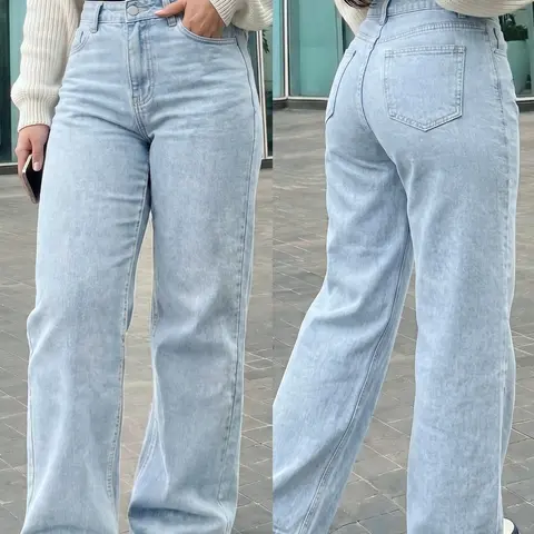 Light Blue Washed Mid-Waist Elastic Wide-Leg Denim Jeans, Women's Casual Daily Commute Pants, Hiding Hip Slimming Long Pants