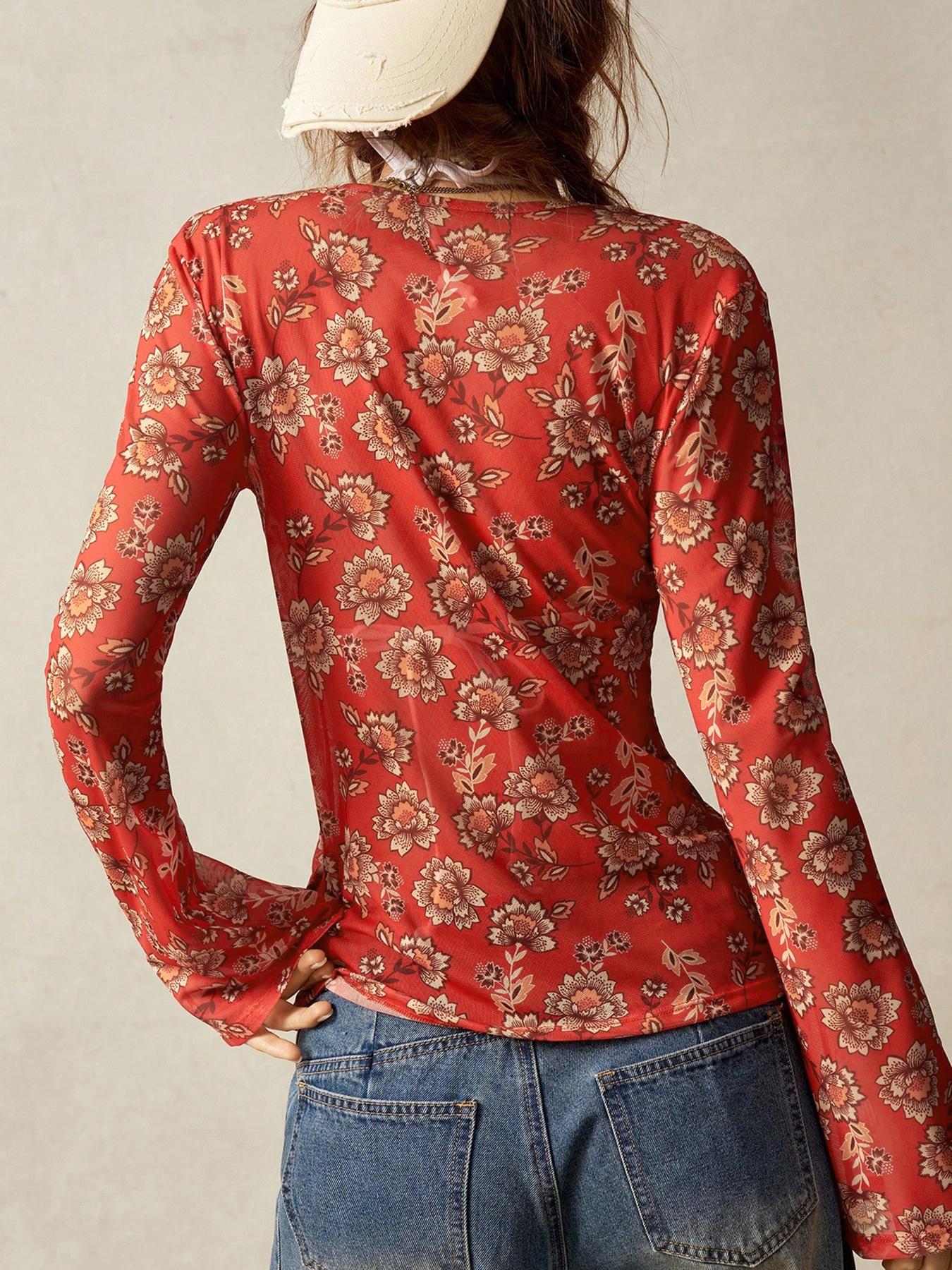 Boho Vintage V-Neck Flared Sleeve Blouse For Women Bohemian Style Vacation, Simple Fashion Casual Everyday Wear Boho Tops