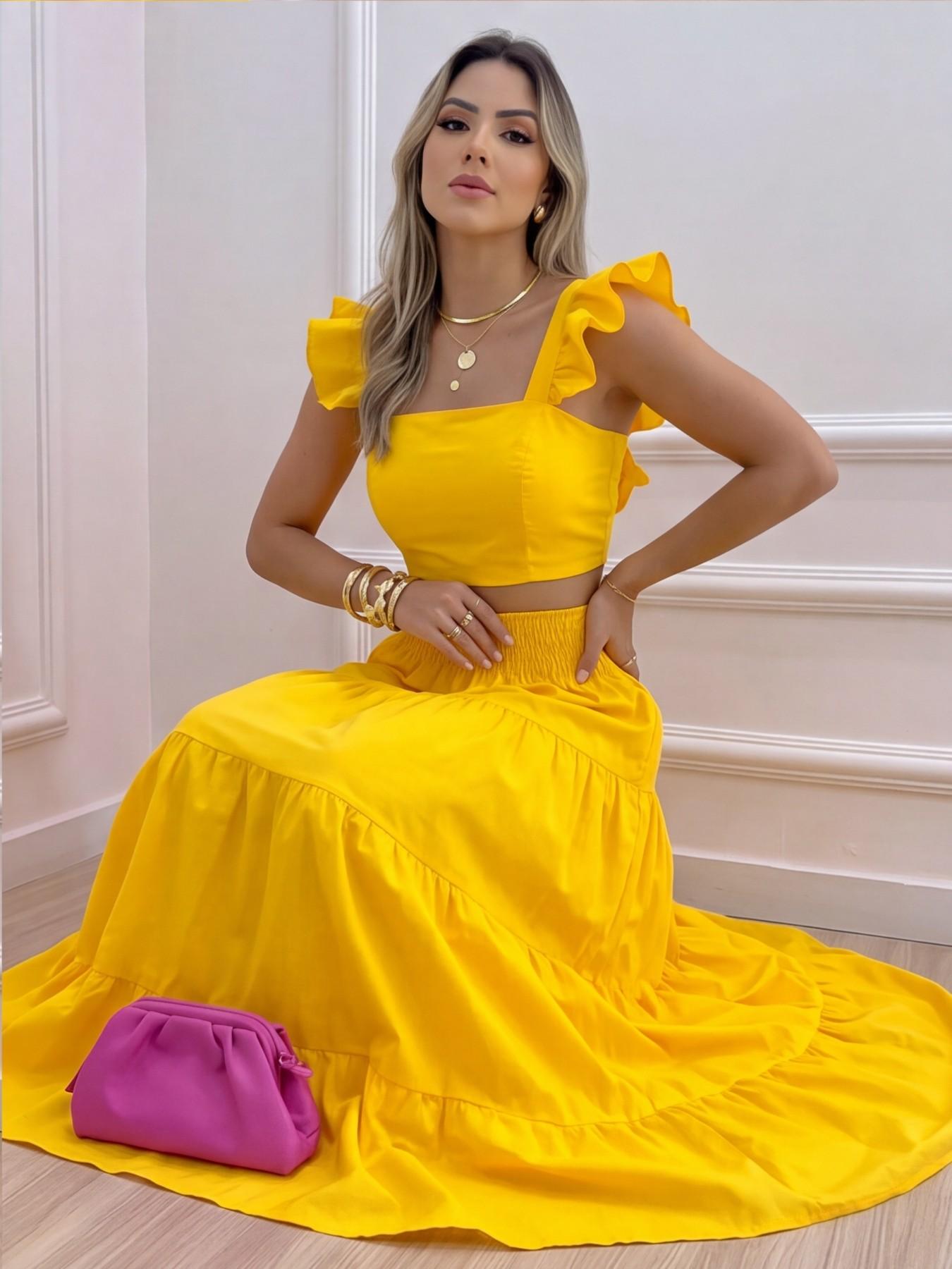 Sexy Vacation, Perfect for Daily Wear, Party Dress, Sleeveless Strap Top Ruffles Skirt Set, Elegant, Chic and Stylish, Ideal for Special Occasions