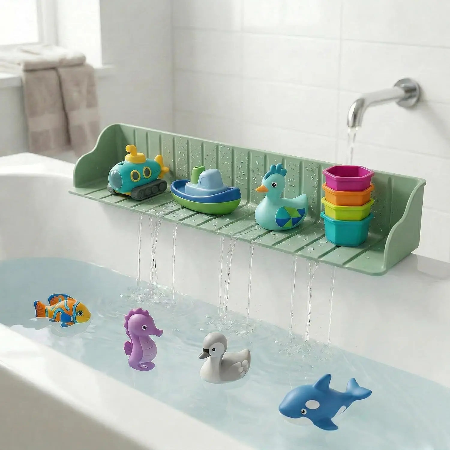 Splash Guard for Bathtub, Silicone Bathtub Splash Guard with Suction Cups, Tub Splash Guard Toy Tray Shelf for Kids, Bath Splash Guard Prevents Water Spills, Bathtub Toy Holder