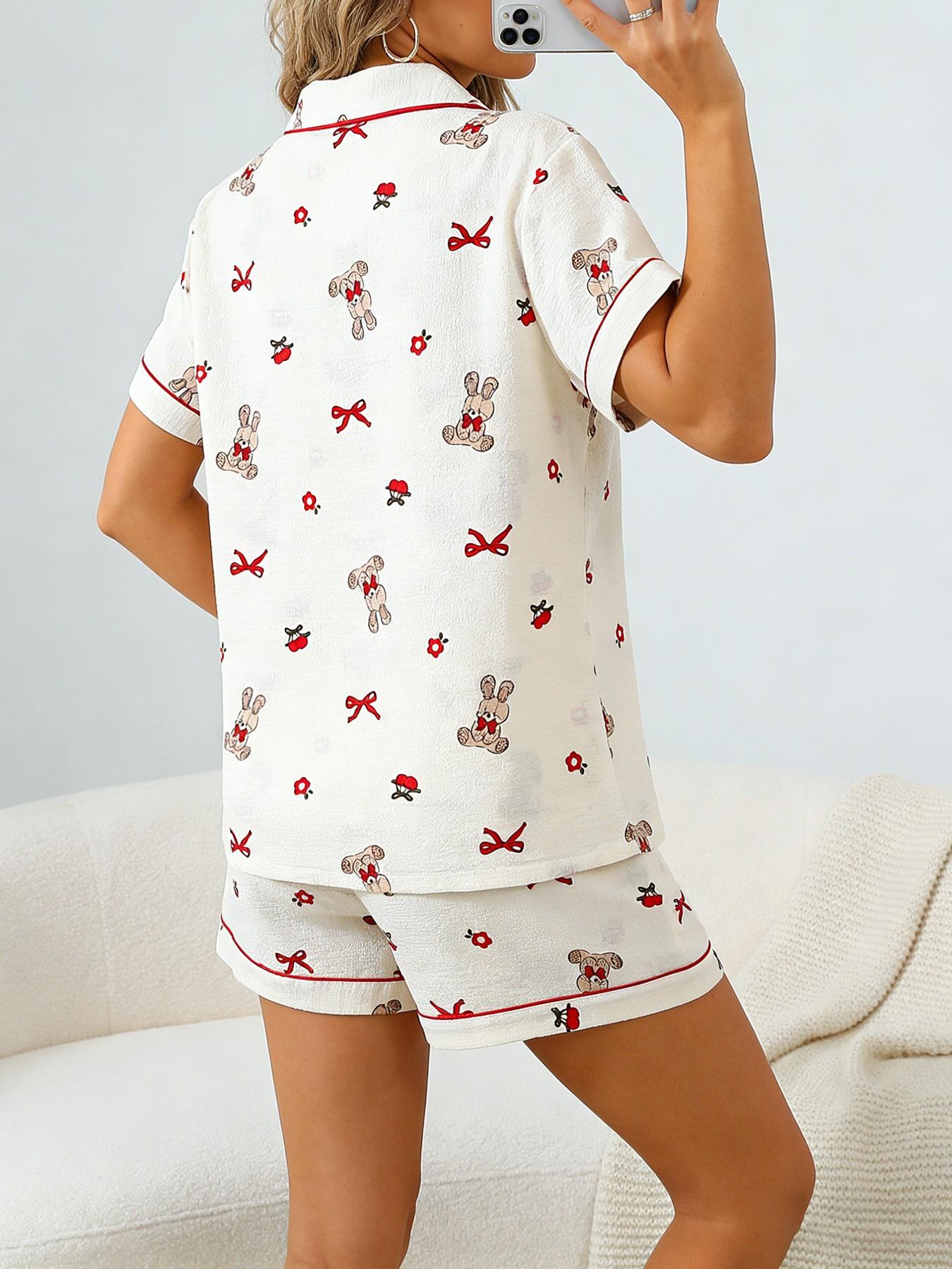 Women's Short Sleeve Button Down Top and Shorts Pajama Set, Spring Summer Wear, For Japanese Kawaii Sweet Girls, Cream Base Cute Bunny Bow & Floral Print, Classic Lapel Collar With Contrast Red Piping, Loose Fit, Comfortable For Home & Going Out