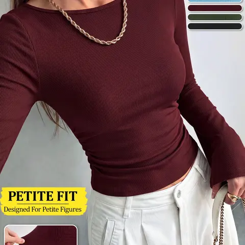 Women's Autumn Lightweight Knit, Ribbed Boat Neck Flared Sleeve Pleated Blouse Cozy Casual Top Soft Stretchy Long Sleeve Base Layer for Everyday Wear, Commuting & Outdoor Activities