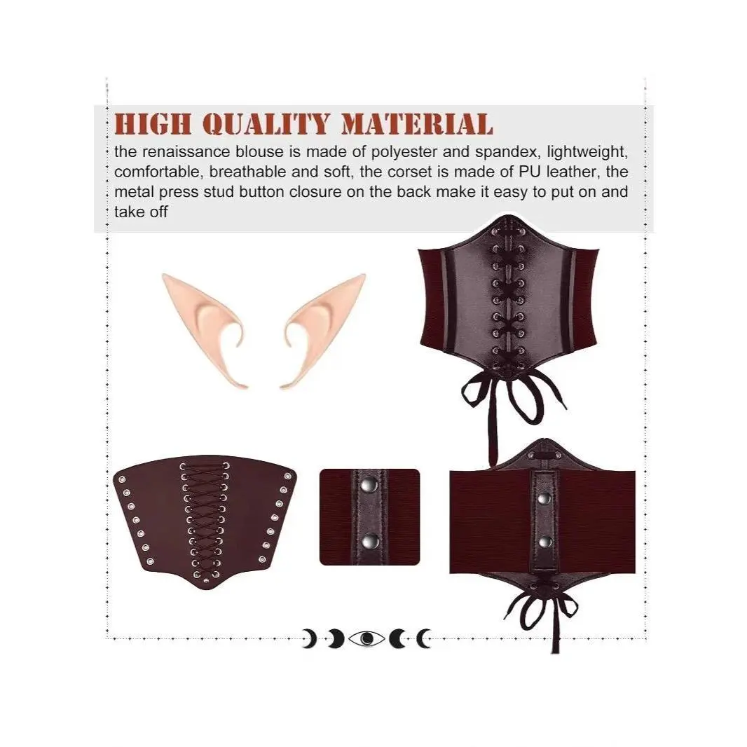 5 Pieces of Women's Renaissance COS Costume Fairy Set Medieval Hooded Robe Elf Ear