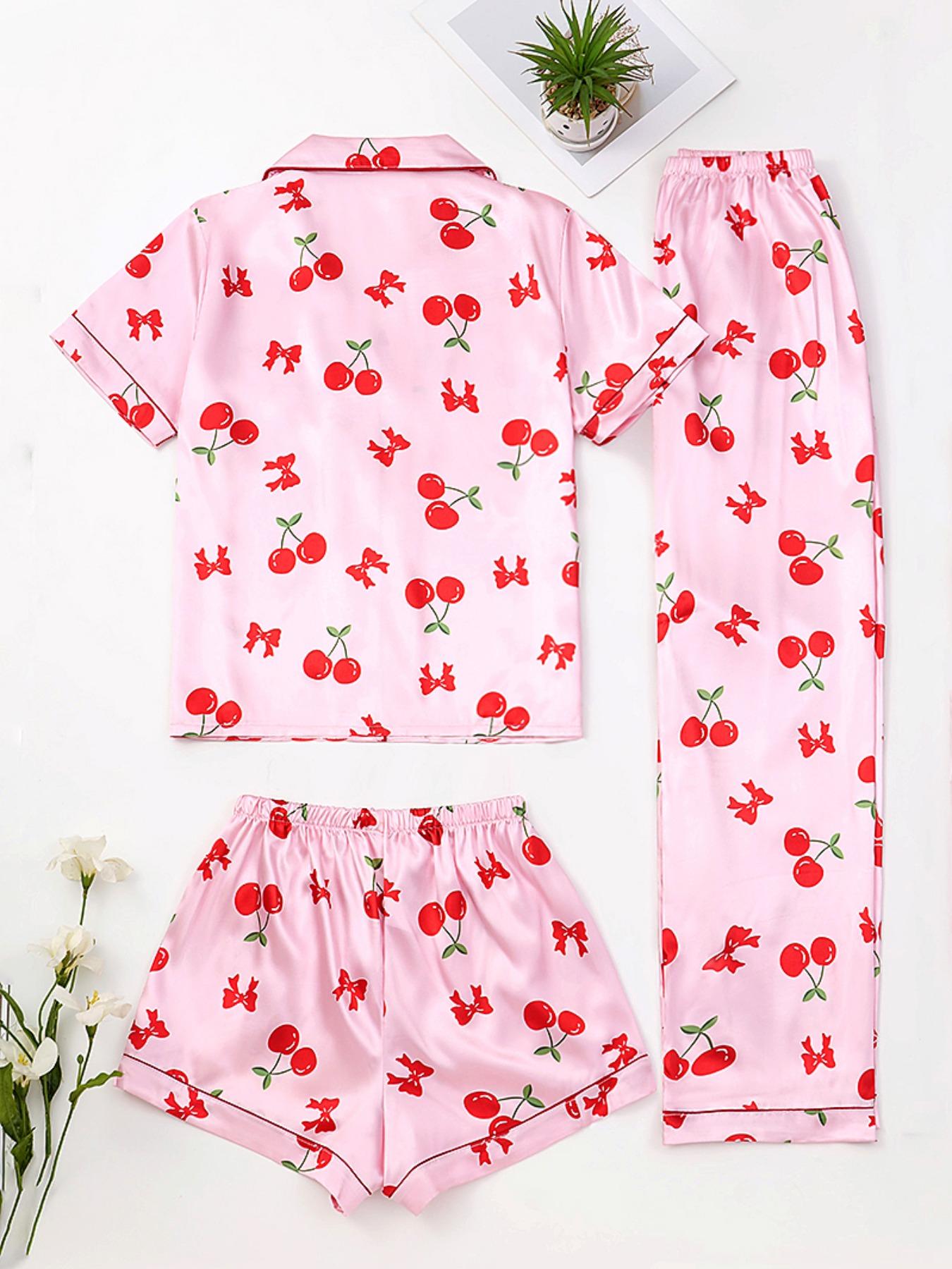 Women's Cherry Print Pajama Set, Cute Comfortable Short Sleeve Button Front Top & Elastic Waist Pants Shorts, Breathable Sleepwear