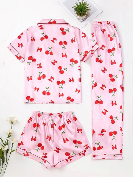 Women's Cherry Print Pajama Set, Cute Comfortable Short Sleeve Button Front Top & Elastic Waist Pants Shorts, Breathable Sleepwear