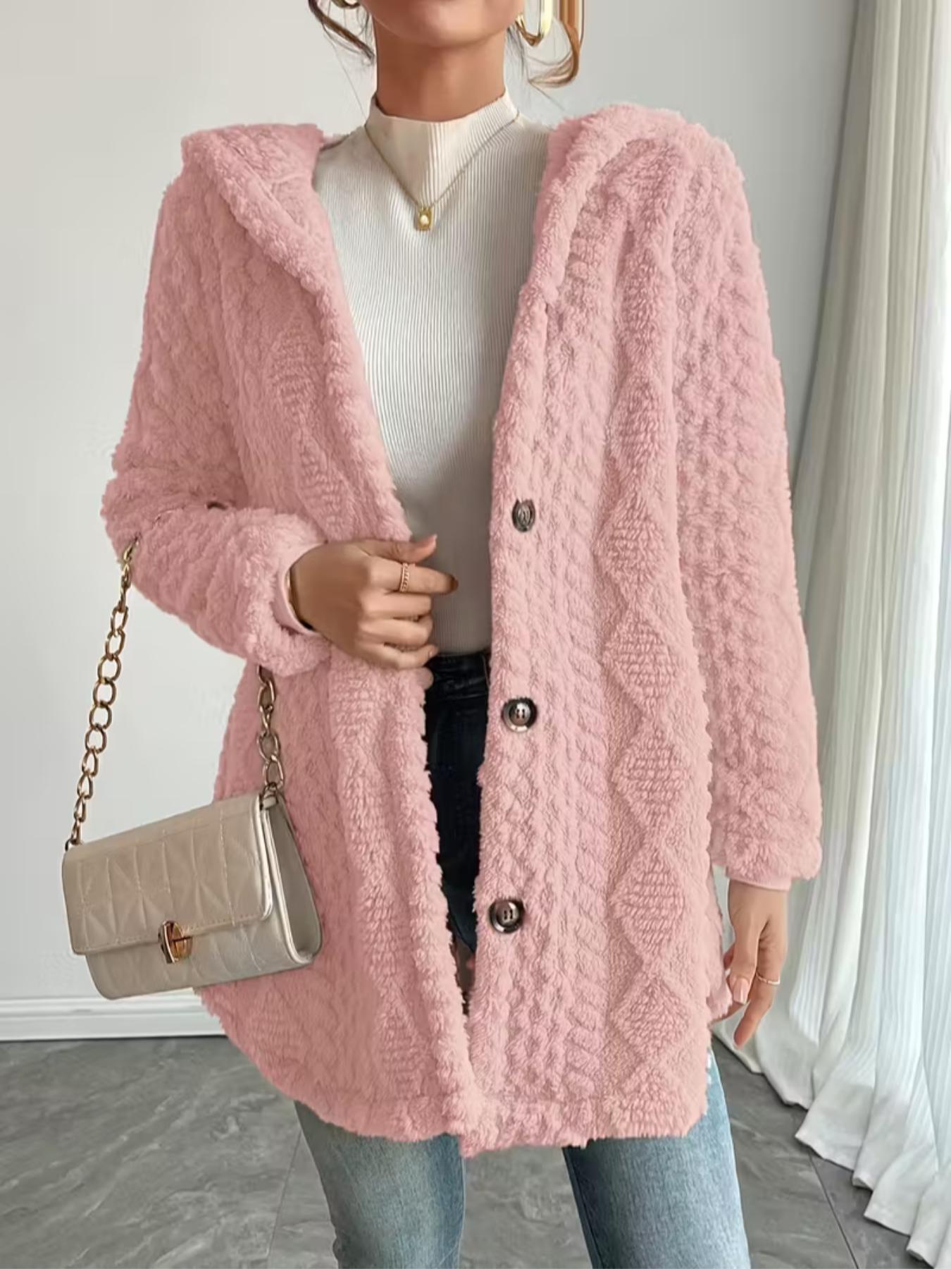 Women's Fall Winter Warm Hooded Plush Jacket, Soft Textured Button Front Coat, Casual Loose Fit Outerwear for Daily Wear