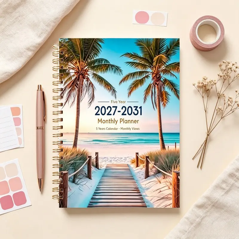 2027-2031 Monthly Planner/Calendar - January 2027 to December 2031, 5-Year Monthly Planner, Tropical Vacation Cover Calendar, Fresh Coastal Blue-Green Pattern with Sunset Coral Warm Tones, Federal Holidays - For Home, Office, or Gift Use - High-Quality Pa