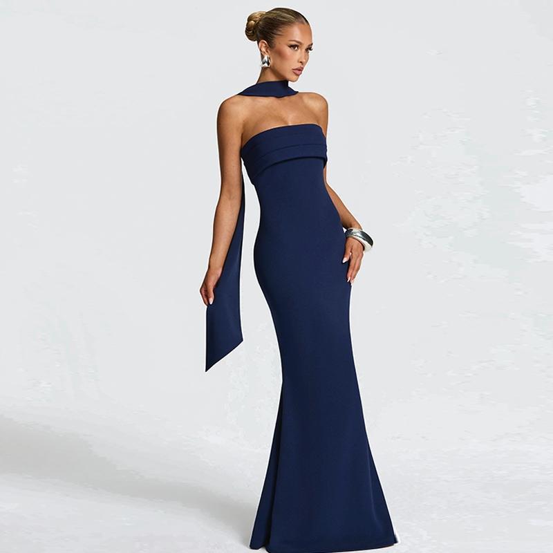 Women‘s Black Tie-neck Dress, Solid Ruched Sleeveless Strapless Backless Tube Dress & Halter Neck Scarf Ribbon Two-piece Set, Plain Back Zipper Maxi Long Dresses, Sexy Cocktail Party Club Date Evening Gown Wedding Guest Mermaid Dress Outfit For Ladies