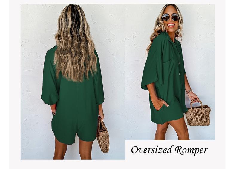 Asvivid Women's Oversized Summer Romper - Half Sleeve Button Collar Pocket Jumpsuit, Casual Chic Loose Fit Vacation Outfit