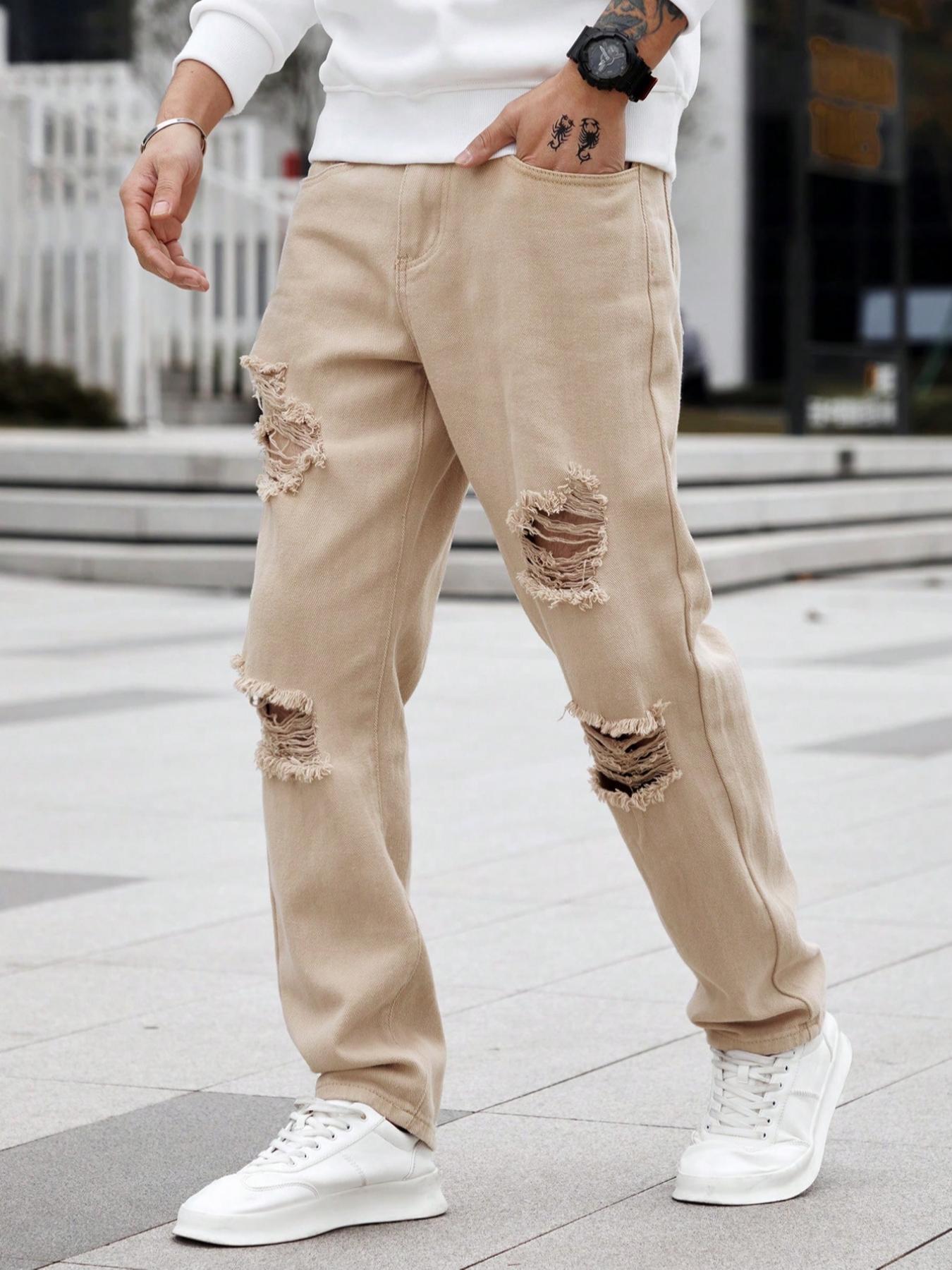 Men's Street Style Skinny Fit Jeans with Ripped Details, All-Season Casual Fashion, Perfect Gift for Husband or Boyfriend