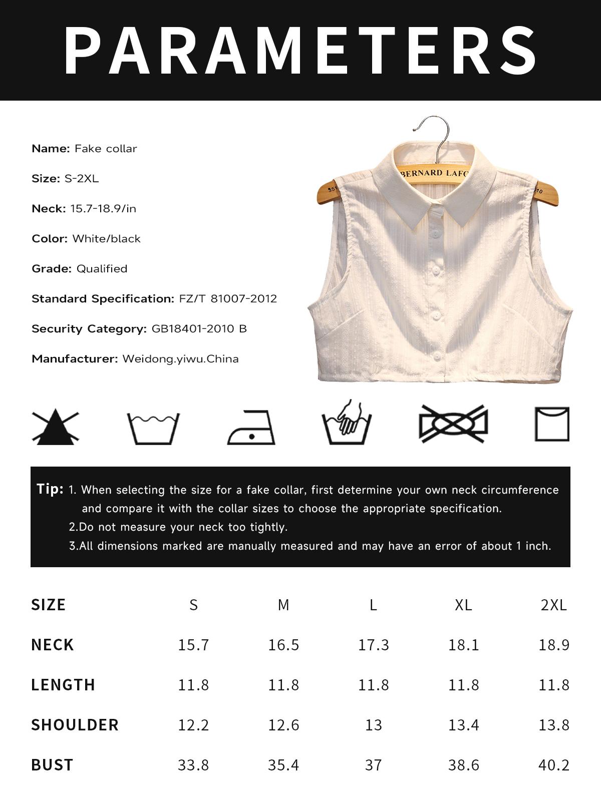 Ladies' decorative fakes collar, a pure cotton white collar, is available in multiple size specifications, including M, L, XL and 2XL. It can be matched with various coats and is suitable for wearing on all kinds of occasions.