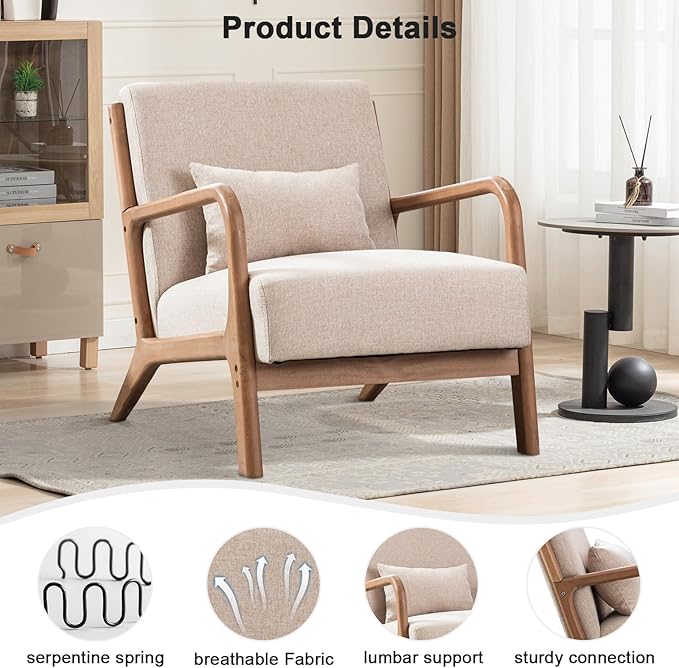 [SpringStatements][Set of 2]EBELLO Modern Arm Chairs , Mid-Century Modern Accent Chair Upholstered Lounge Chair with Pillow and Solid Wood Frame, Linen Fabric Comfy Chairs for Living Room