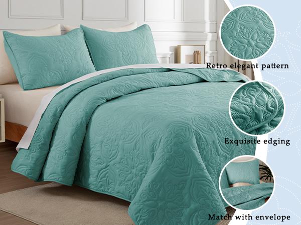 Whale Flotilla Soft Queen Quilt Bedding Set for All Seasons, Vintage Damask Ultrasonic Full Size Quilts Set, Lightweight Reversible Bedspread, Coverlet, Bed Cover with 2 Pillow Shams, soft microfiber home bedroom