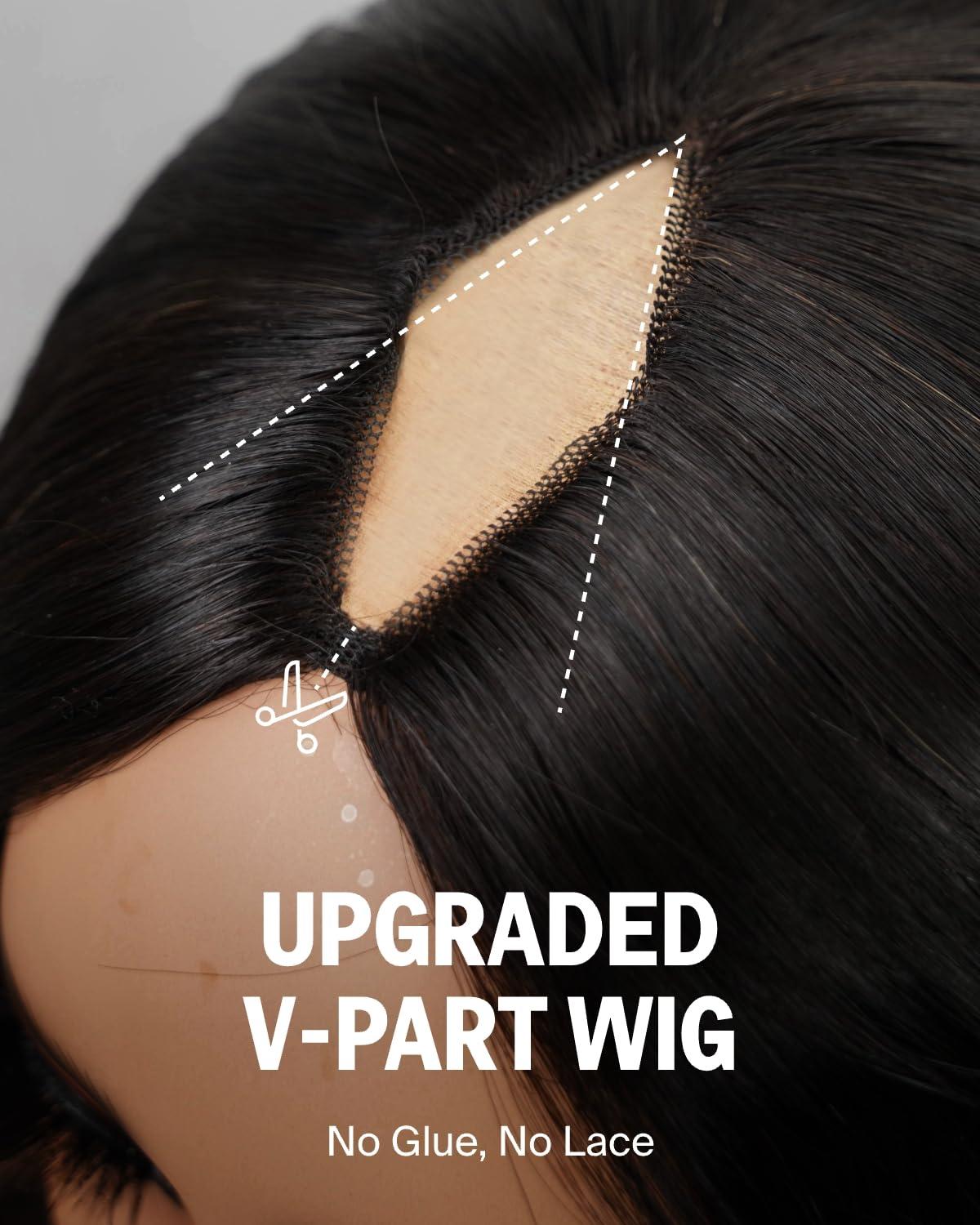 STERLY V Part Kinky Straight Human Hair Wig Yaki Straight Human Hair Wigs for Black Women Upgrade U part Wig No Leave Out 12A Glueless Kinky Straight V Shape Clip in Half Wig No Glue No Sew Beginner Friendly 180% Density Wig