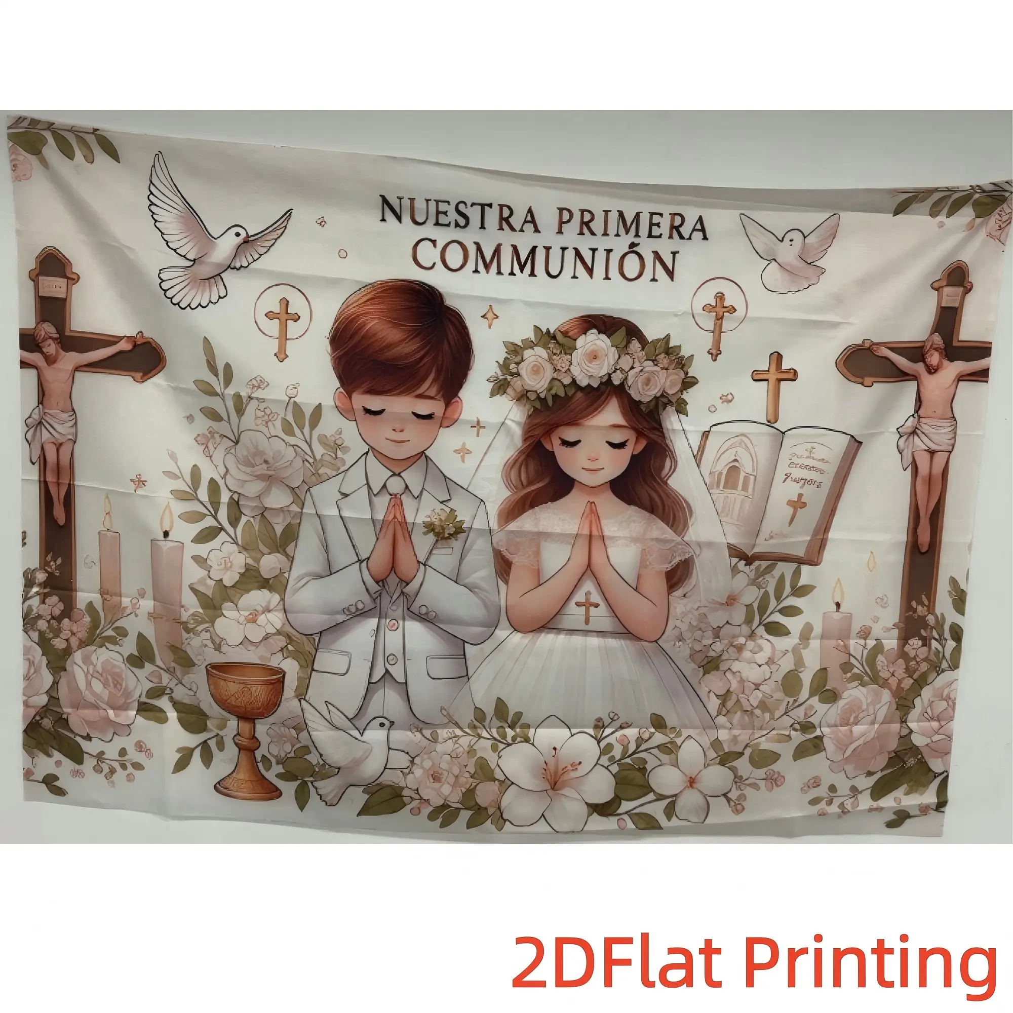 2D Flat Banner 1pc first communion flower cross white dove background cloth, suitable for churches, living rooms, banquet halls, first communion ceremonies, religious baptisms, church celebrations, photography, party hanging cloth, polyester material