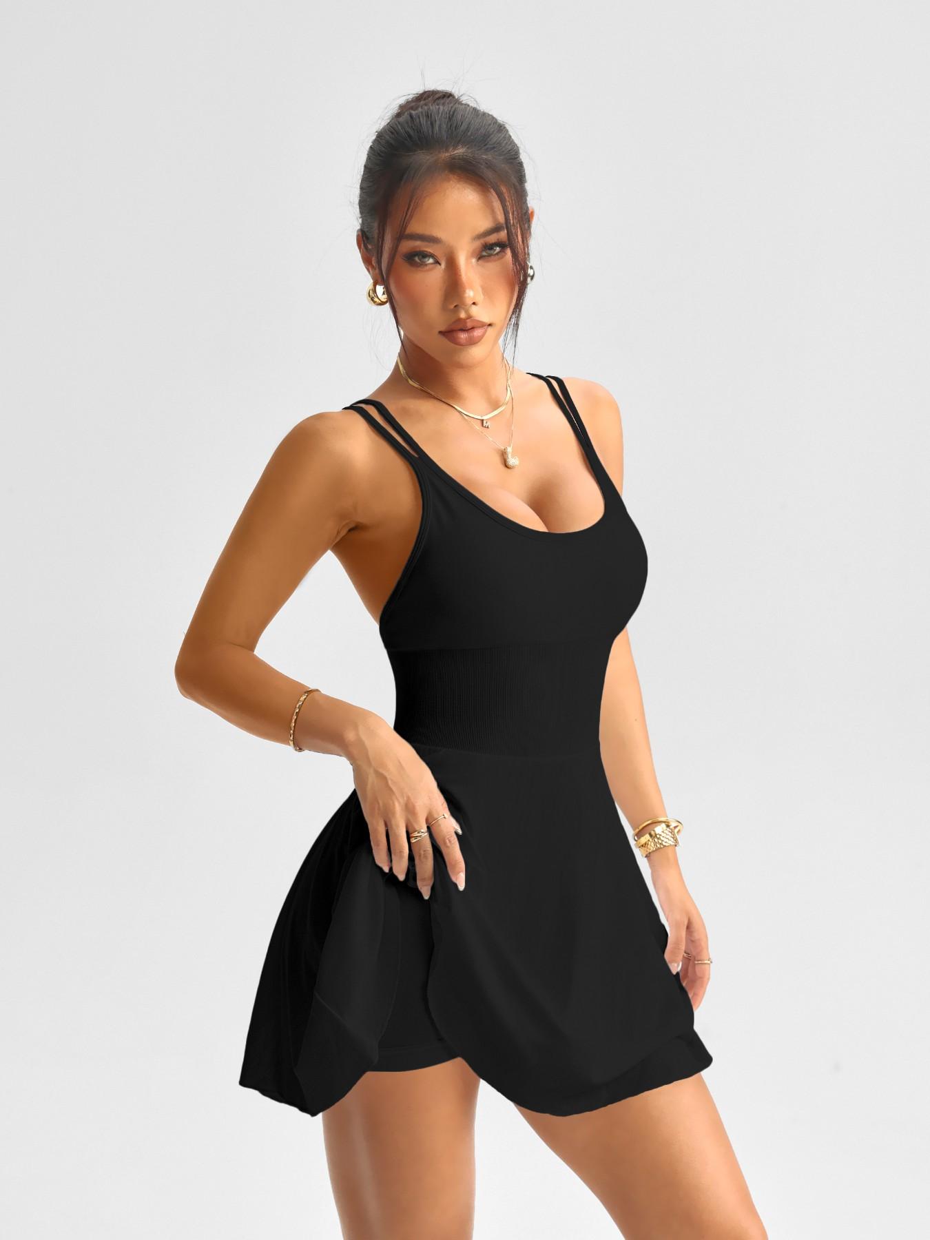 Multi-Functional Women's Sport Dress Criss Cross Back Design, Removable Padding, Anti-See Through Yoga Skirt with Shorts, Backless Sports Dress