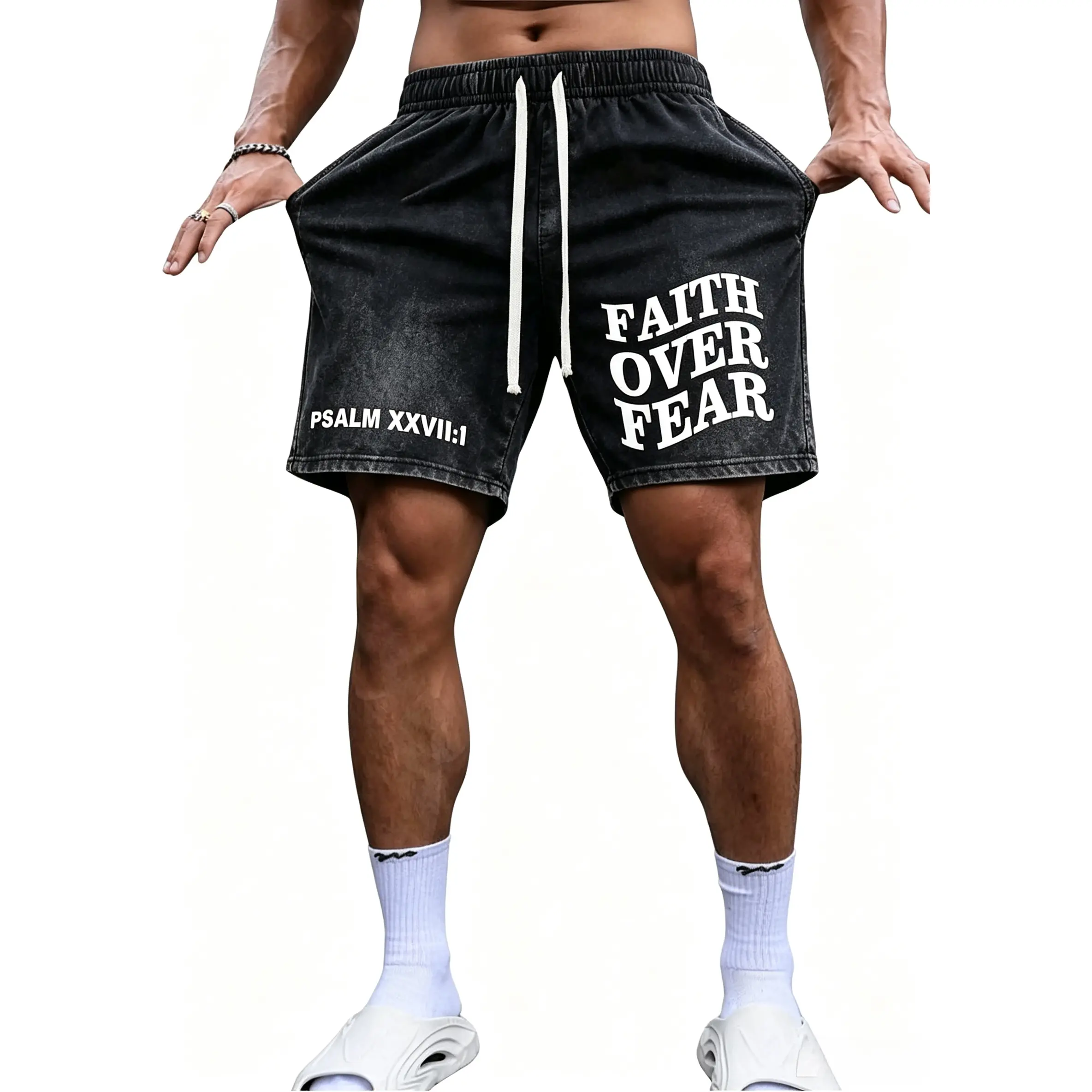 Vintage Acid Washed Cotton Shorts,Faith Slogan Psalm 27:1 Print Unisex Casual Drawstring Shorts,Loose‑Fit Streetwear Short Pants For Men Women Daily Holiday Wear,Loose‑Fit Streetwear Short Pants For Men Women Daily Holiday Wear|Couple Daily Summer Outfit