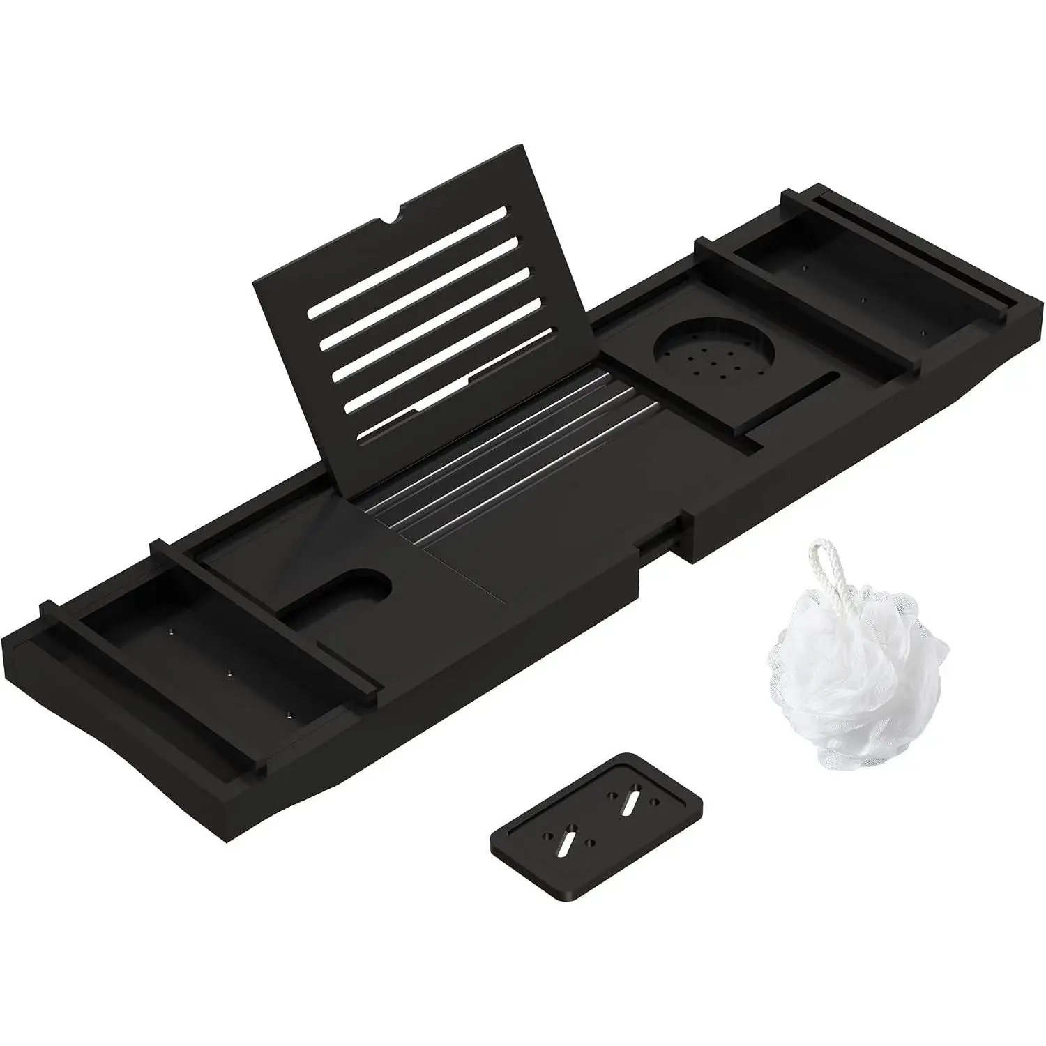 Bamboo Bathtub Tray for Luxury Bathroom, Expandable Premium Bath Tray w/Soap Towel Book Holder, Adjustable Bath Accessories for Tub,Extendable Tub Tray with Wine Glass Cup Organizer 29.5"-43.3" Black