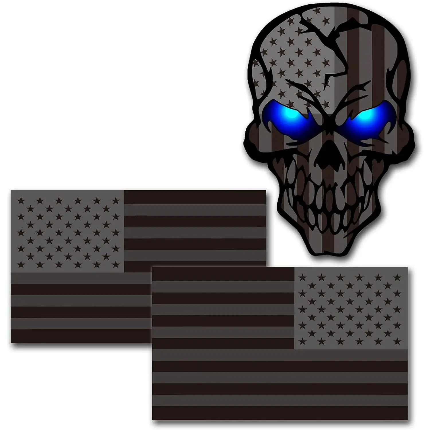 3-Pack 5.1in Vinyl Reflective All-Black American Flag Skull Stickers, UV Fade-Resistant Outdoor Adhesive Waterproof Decals for Trucks, Jeeps, Laptops