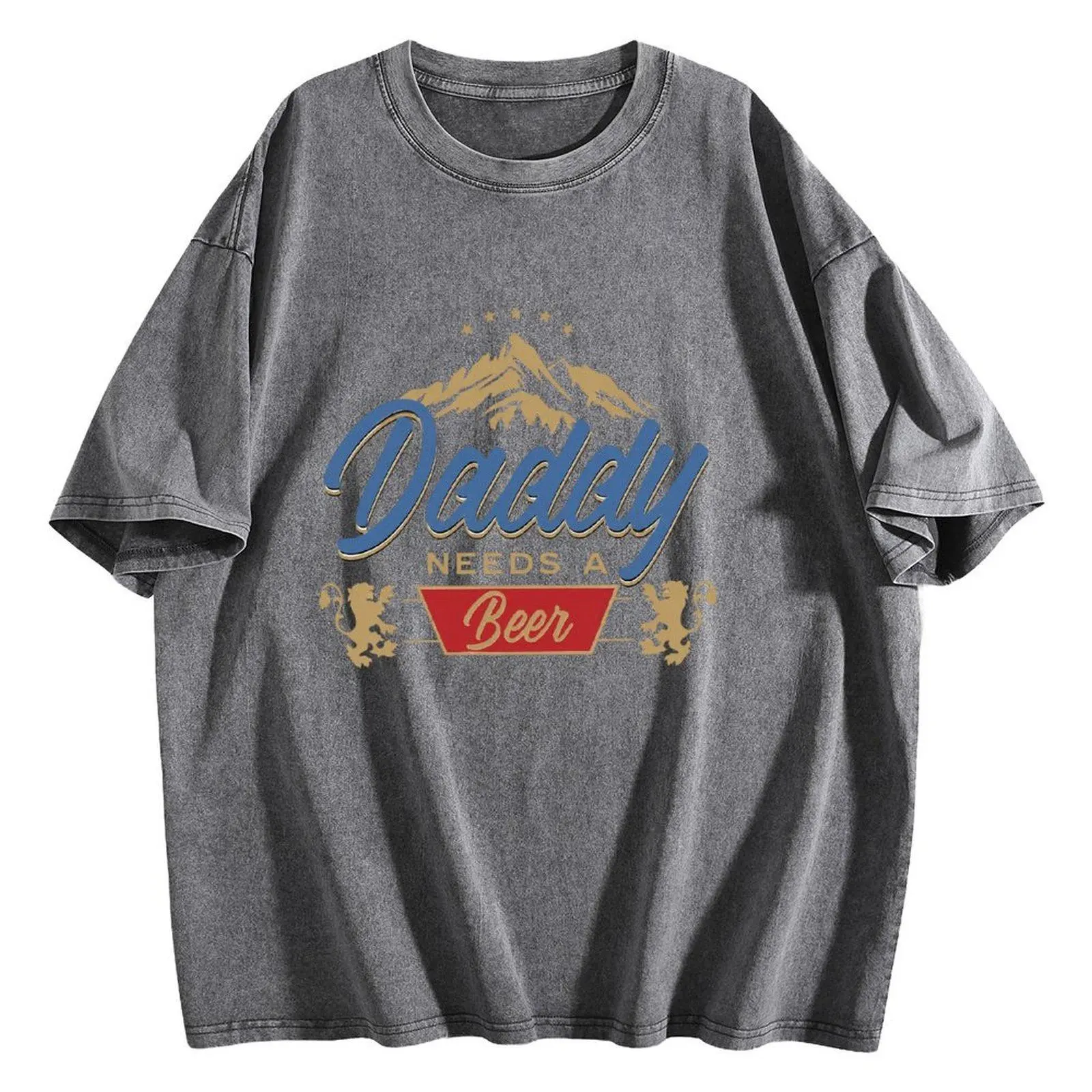 Daddy Needs A Beer Vintage Washed T-Shirt | 230G Heavyweight Cotton | Oversized Boxy Fit Retro Streetwear | Father's Day Gift Idea for Beer Lovers & Outdoor Dads | Acid Wash Charcoal Gray Tee Fabric