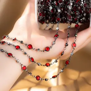 0.5Meter 1Meter Red Glass Round Beaded Gun Black Copper Chains for Bracelet Necklace DIY Jewelry Making Supplies