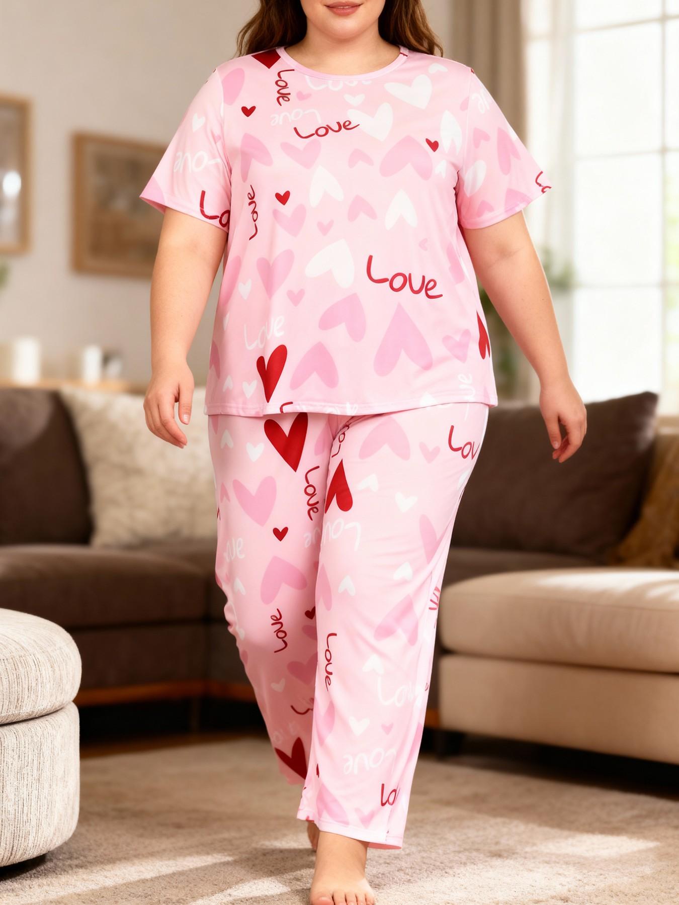 Women's Plus Size 2-Piece Pajama Set Loungewear, Loose-Fitting Short Sleeve Long Pants, All over Print, Casual Home Wear, All Seasons