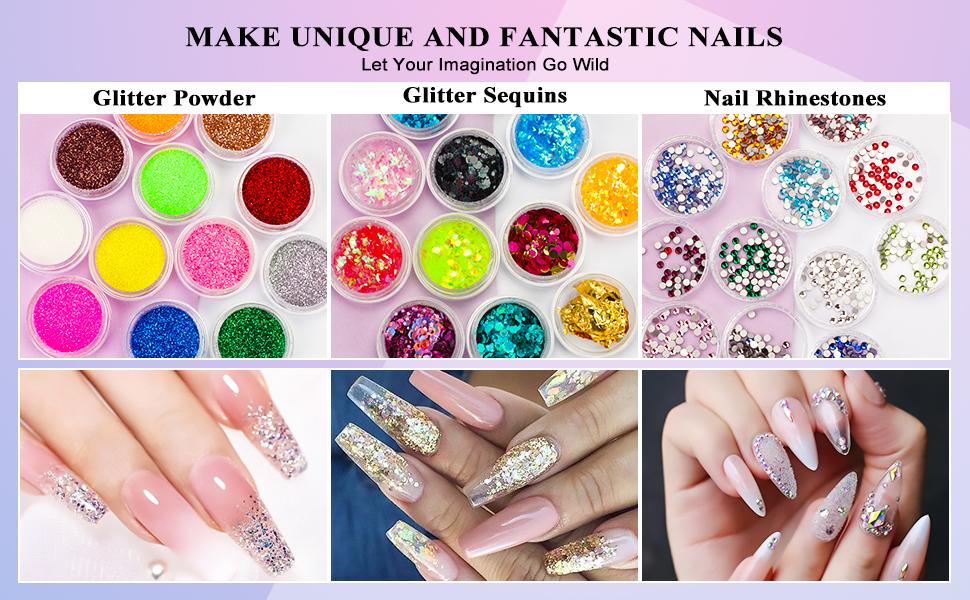 Morovan 3 Colors Acrylic Elysium Nail Kit Elysium Series for Beginners with Glitter Powder X-strength Primer UV Lamp for Nail Extension Complete DIY Starter Acrylic Nail Supplies Set