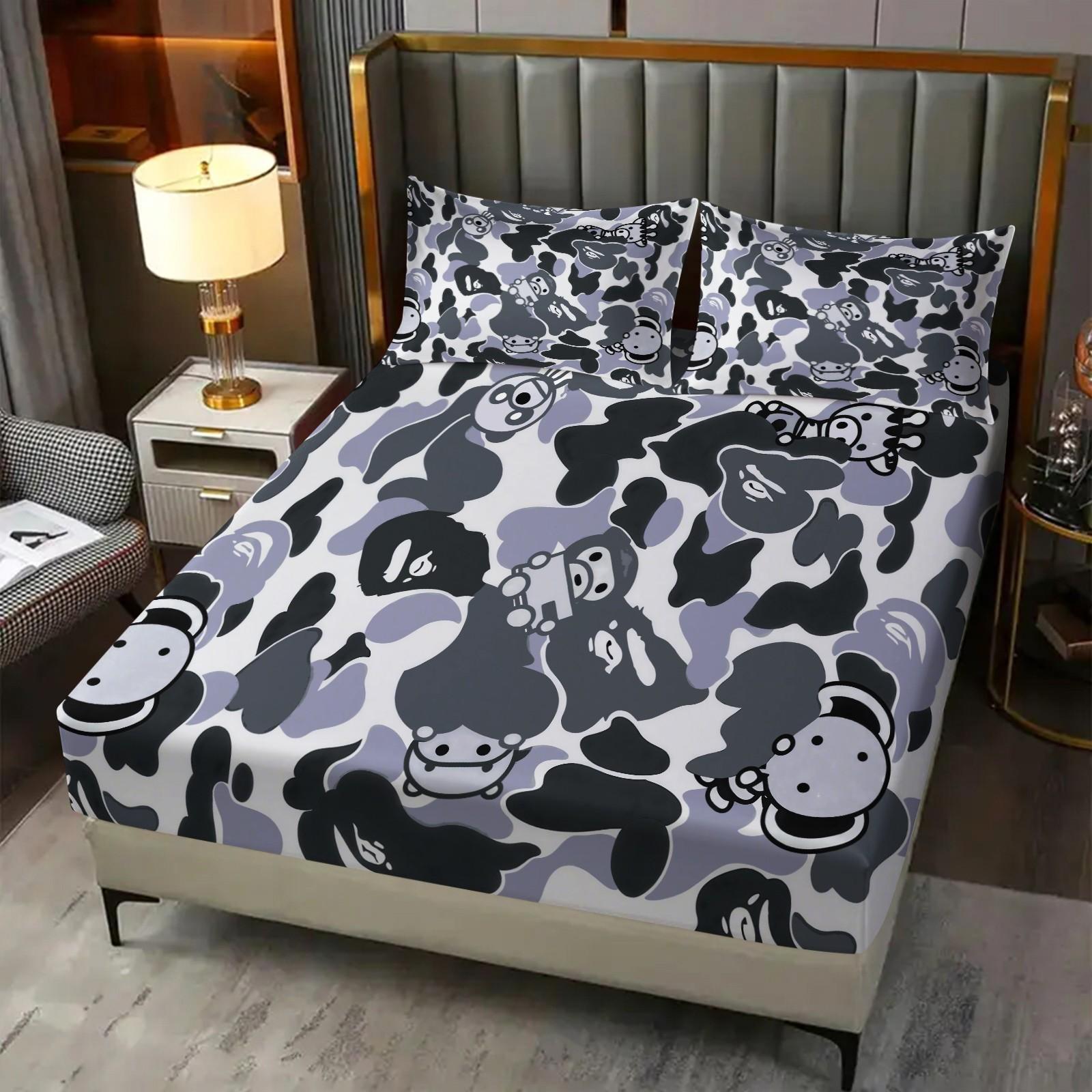 3PCS Cartoon Camo Anime Fitted Sheet Set, Trendy Personalized Bedroom Decor, Elastic Edge for Mattress Wrap, Ideal Housewarming Christmas Birthday Gift for Trendsetters