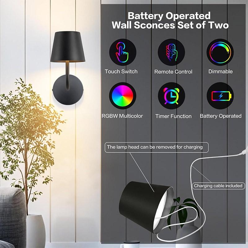 2-Pack LED Wall Lights, Adjustable Dimmable Touch Remote Control, Wire-Free Lamp for Bedroom Bedside Study Hallway Entryway