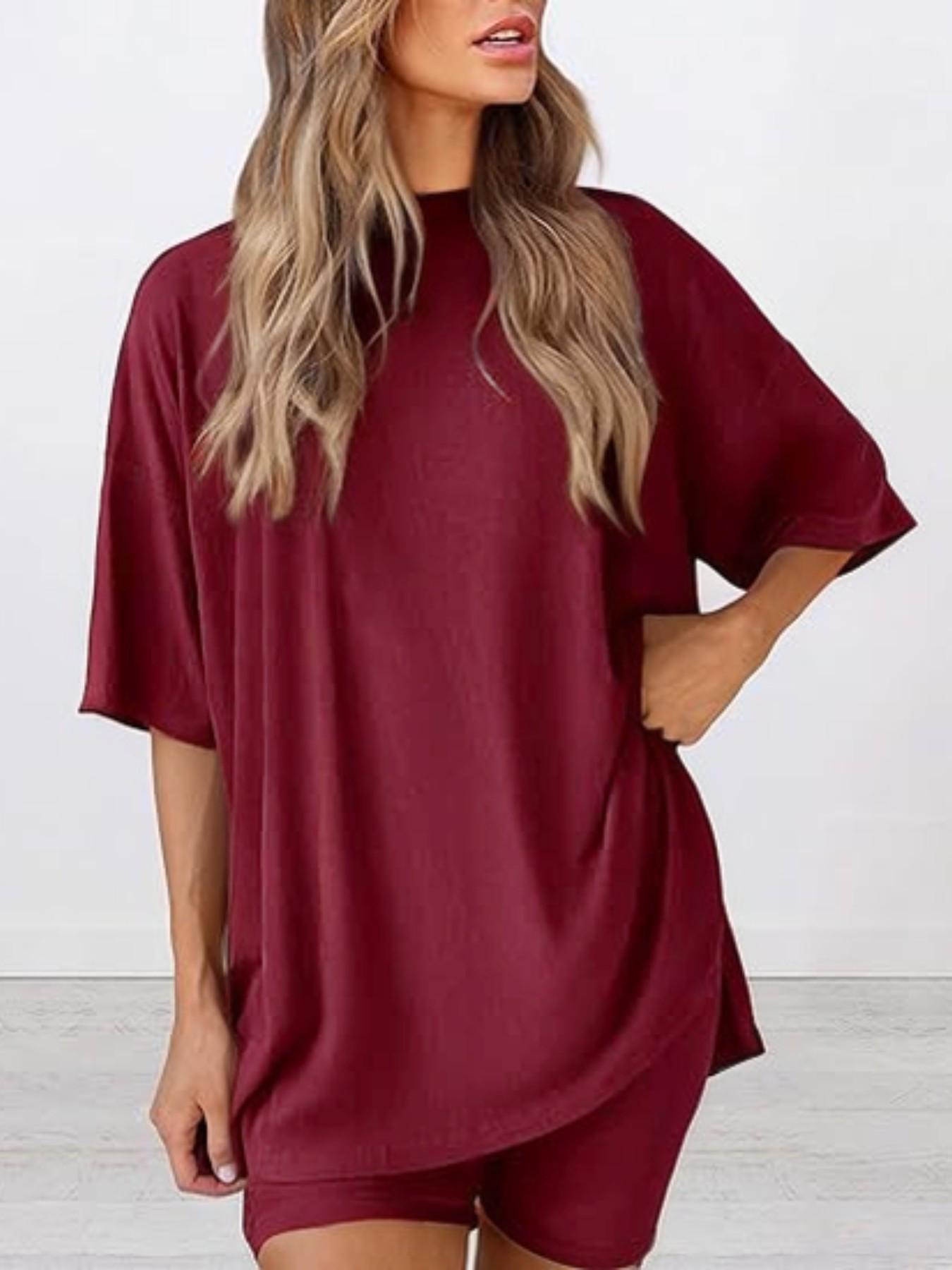 Women's Solid Color T-Shirt and Tight Shorts Set, Summer Comfort Round Neck Pajamas Loungewear, Nightwear, Pocket Design, Suitable for Outdoor Wear