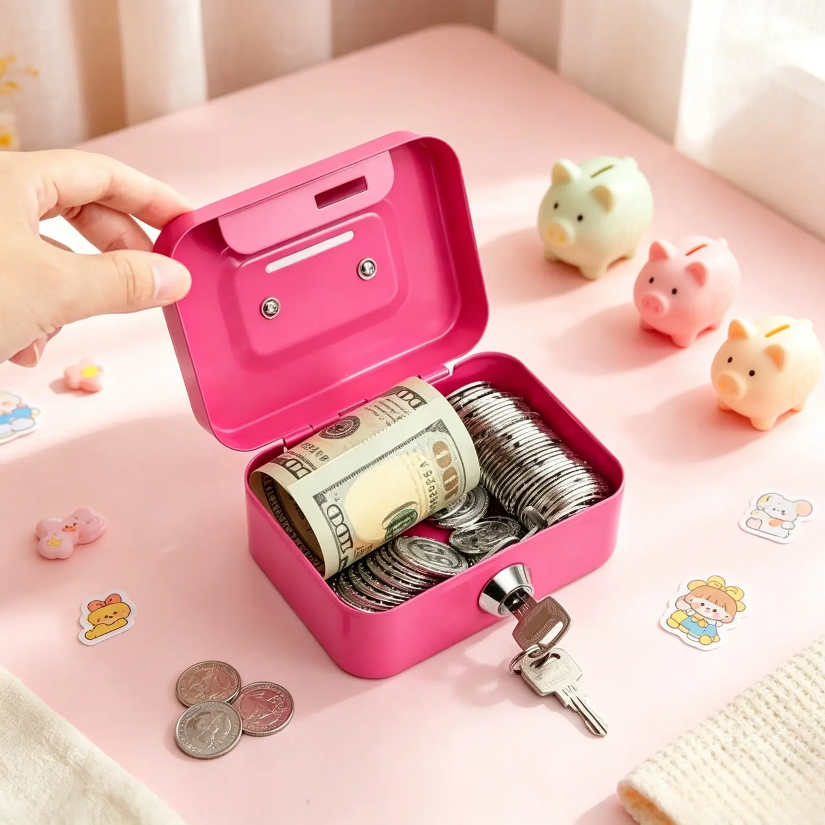 Compact Metal Cash Safe with Locking Key, Portable Top-Handle Storage Box, Lockable Metal-Body Container for Household Use & Daily Personal Organizing