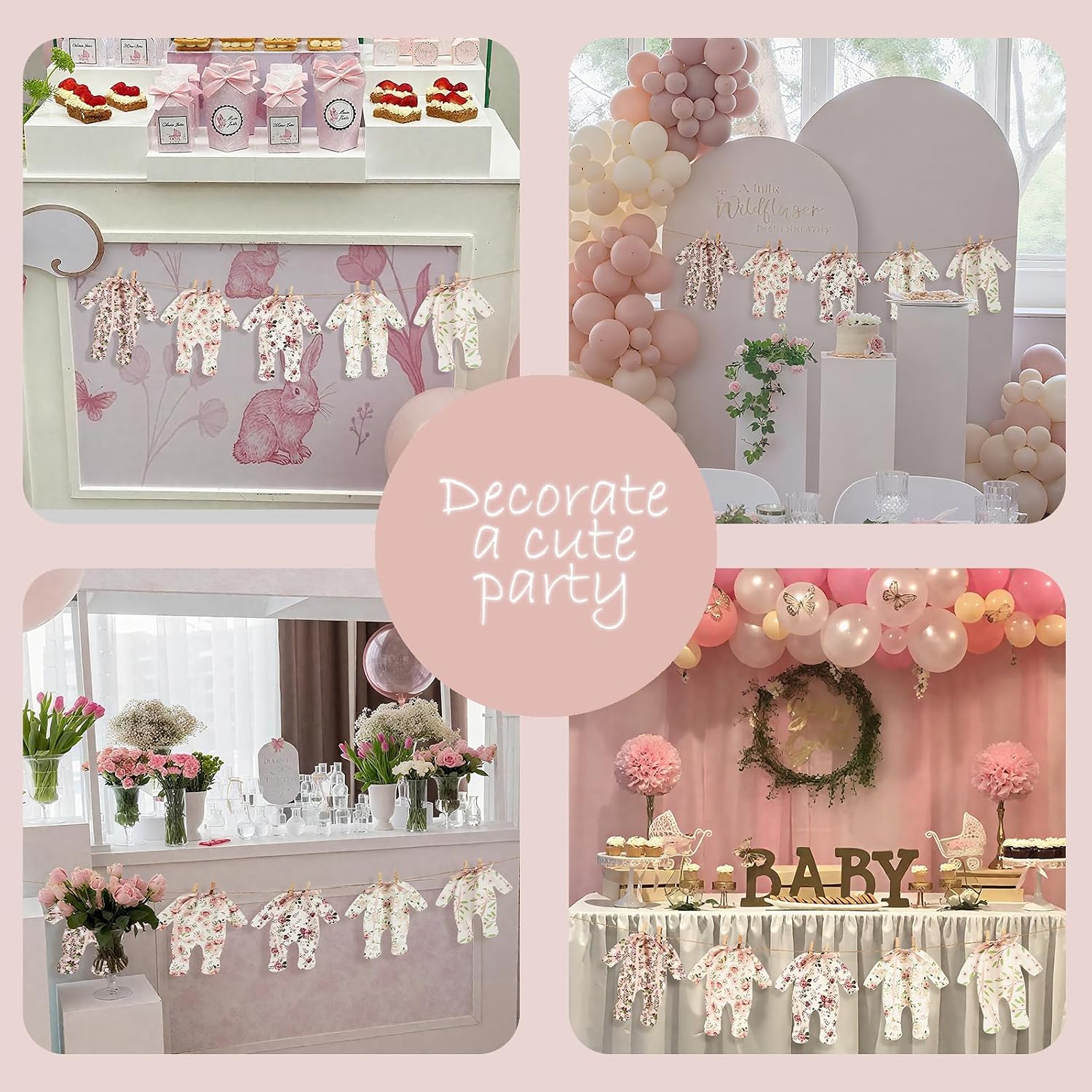 Baby Shower Decorations - Blush Pink Floral Paper Pajama Banner with Ribbon Bows, Shabby Chic Wildflower Garland for Gender Reveal, 10ft Jute Rope Vintage Nursery Wall Decor