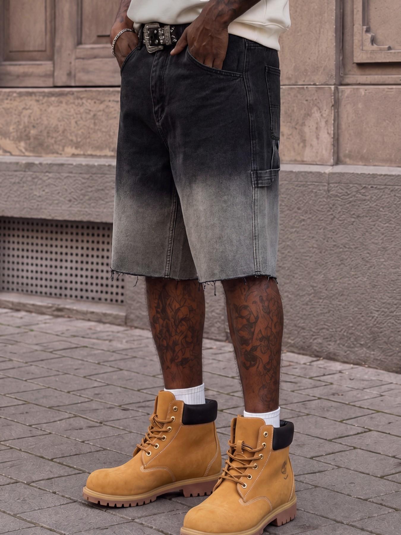 Men's Black Gray Gradient Washed Loose Denim Shorts, Knee-Length Frayed Hem Cargo Jorts, Vintage Y2K Hip-Hop Skate Streetwear Summer Casual Men's Denim Shorts, Suitable as an Everyday Outfit Gift for Husband or Boyfriend
