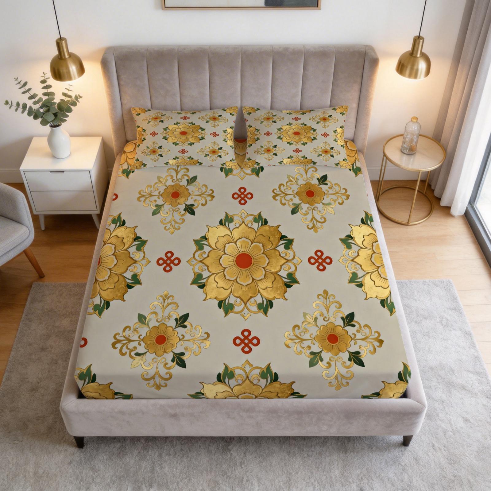 3 Piece Vintage Floral Mandala Fitted Sheet Set, HD Digital Printed Bed Sheet Set, Deep Pocket Soft Bedding Set (Pillowcases No Inserts) for Bedroom Decor