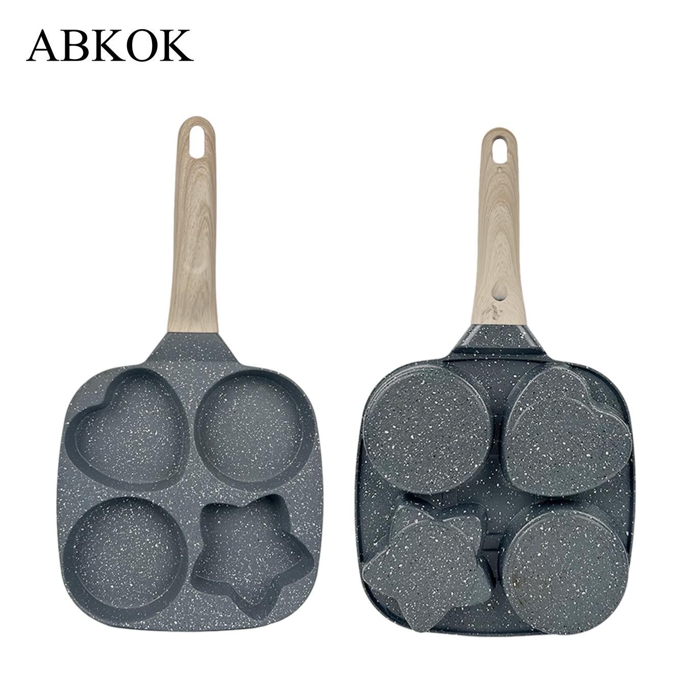 Abkok Four-Hole Non-Stick Egg Skillet Pan, Nonstick Egg Pan, Non Stick Cookware, 8–9-Inch Diameter, Ideal for Breakfast Eggs and Burgers, Durable Wooden Material Base with No-Handle Design