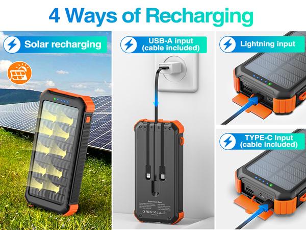 45800mAh Solar Power Bank, Built in 3 Cables Portable Phone Charger with USB C, 5V3.1A QC 3.0 Fast Charging, Compatible with iPhone, Samsung, Google, Apple, and More Smartphone