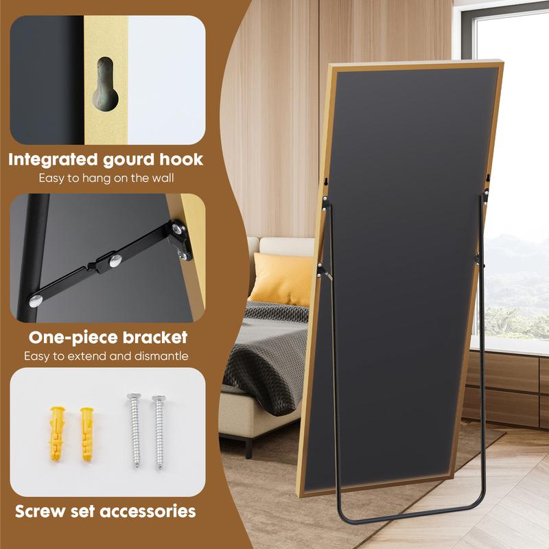 71" Full-Length Mirror with Stand - Freestanding/Wall-Mounted Floor Mirror, Shatterproof Nano Glass & Aluminum Frame, Right Angle/Rounded Corners (Gold/Black)